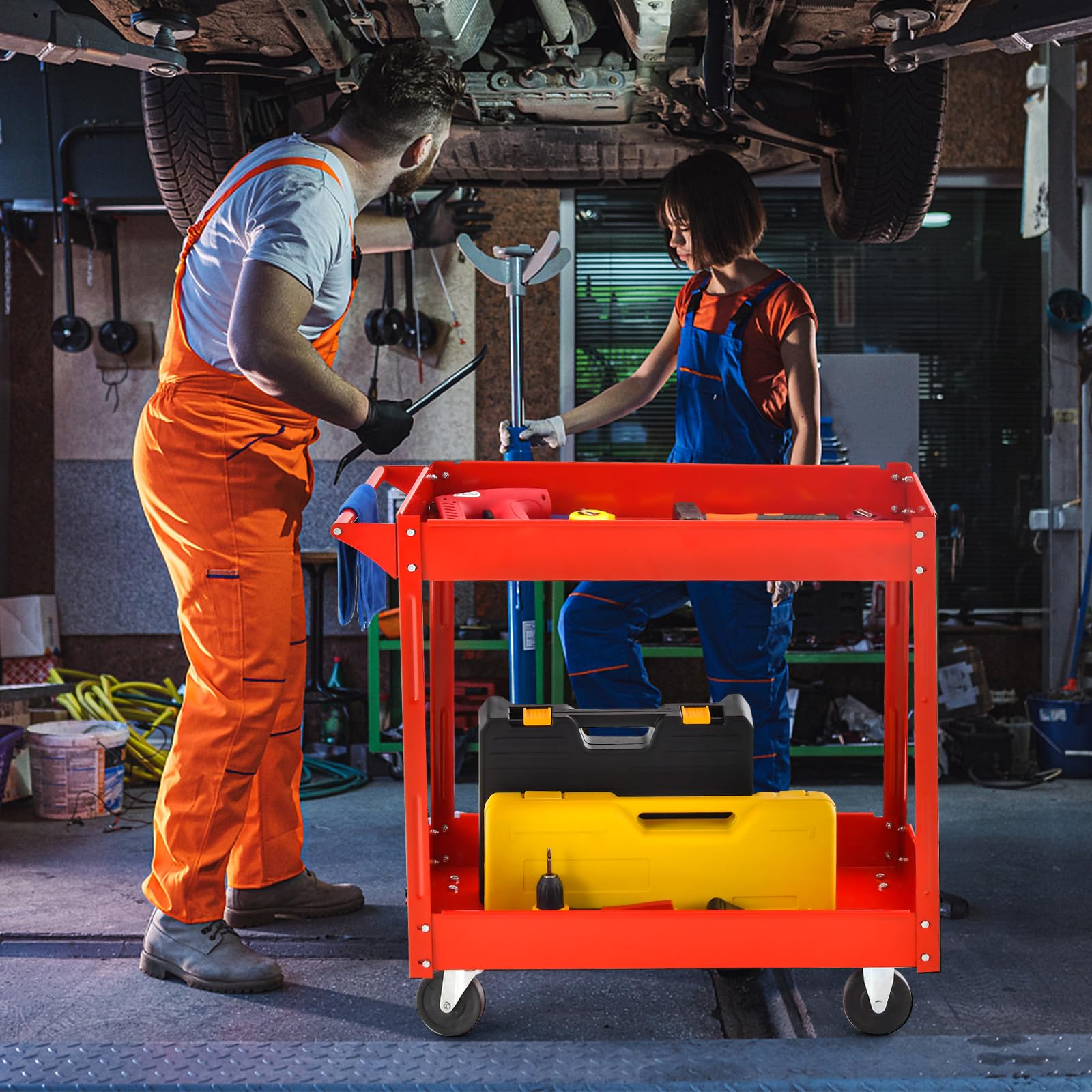 GYMAX Carrello Portaoggetti a 2 Livelli, Carrello Portautensili in Metallo Robusto con 4 Ruote Lisce, Carrello di Servizio con Maniglia Ergonomica, per Garage, Magazzino, Cucina, Nero/Rosso (Nero)