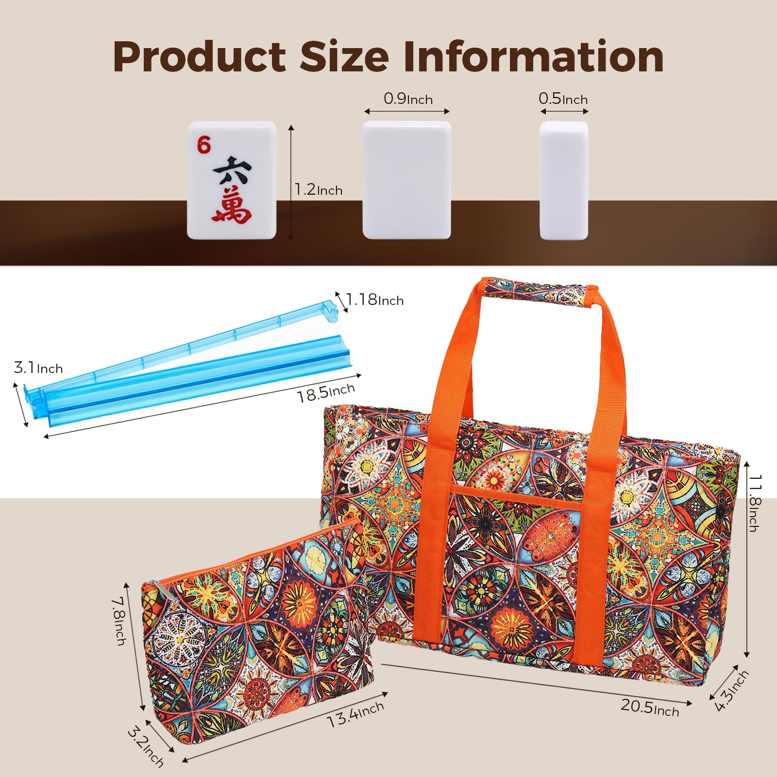 Set di piastrelle American Mahjong con borsa per il trasporto stampata arancione, 166 piastrelle bianche premium, 4 rack all-in-one colori/pusher, set Mah Jongg, set completo da gioco Mahjong