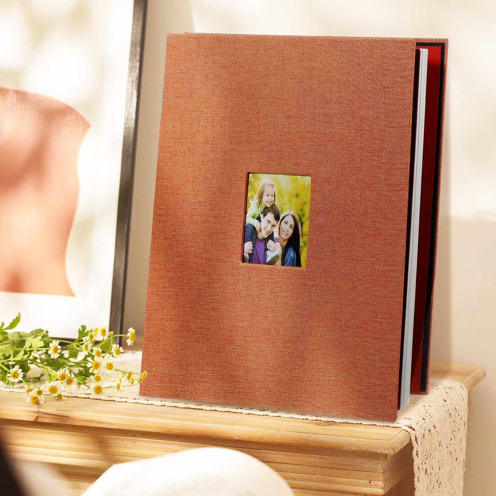 ABOOFAN Album Fotografico con Copertina in Lino, Rilegatura Rigida, Pagine Bianche, Finestra Frontale, Arancia, per Eventi Speciali e Regalo a Amici e Famiglia