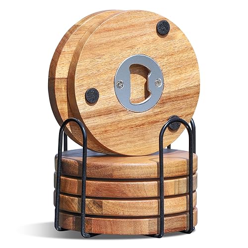 WLWNWFT Wood Coasters for Drinks with Bottle Opener Holder Set of 6, Acacia Wooden Cup Coaster for Coffee Table Dining Table Desk with Non-Slip Pad for Dad Home Office Christmas Decor 4 Inch - Modern