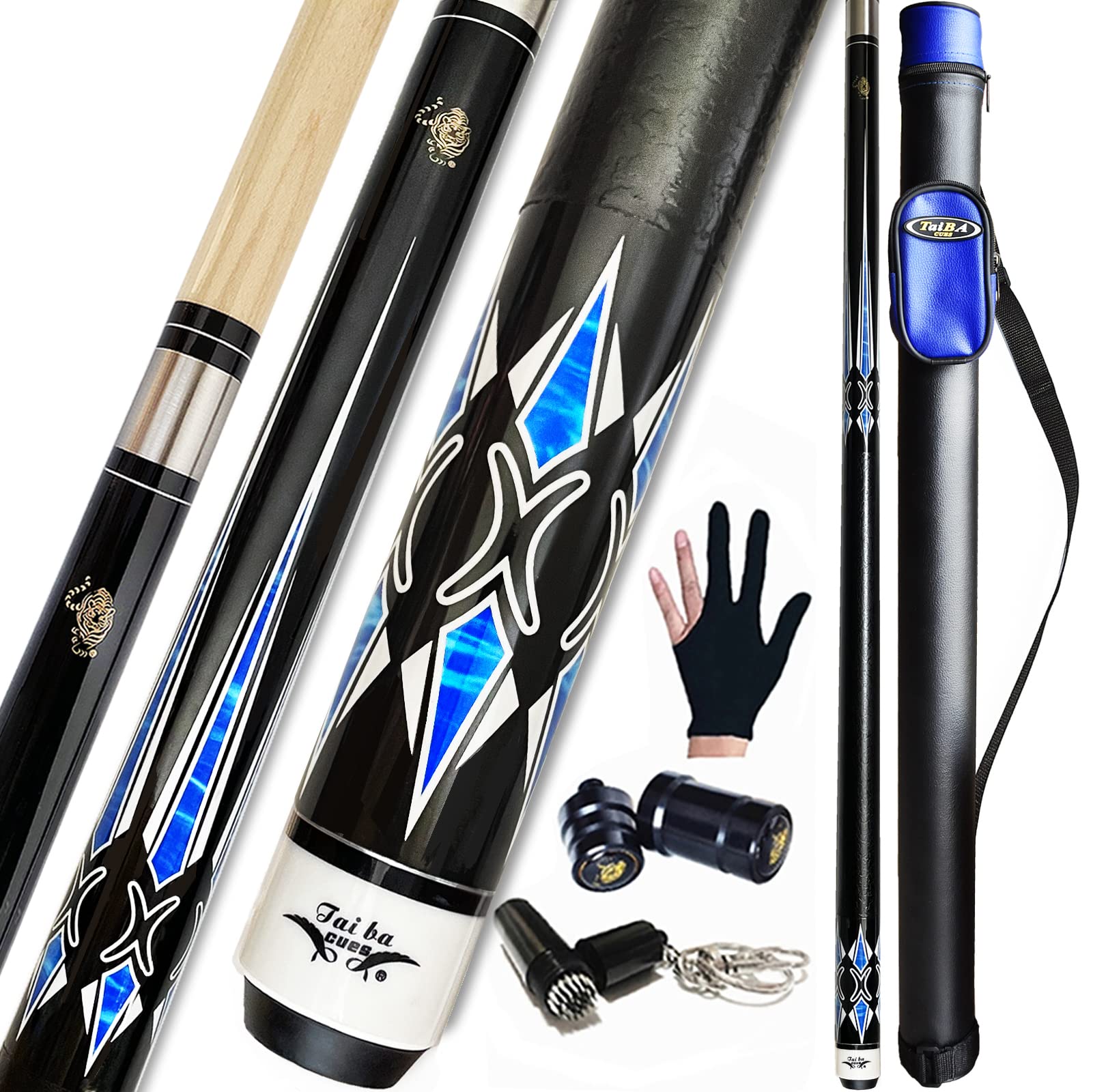 Tai ba cues 2-Piece Pool cue Stick + Hard Case, 13mm Tip, 58", Hardwood Canadian Maple Professional Billiard Pool Cue Stick 18,19,20,21,22 Oz Pool Stick (Selectable)-Blue, Black, Red, Gray, Green