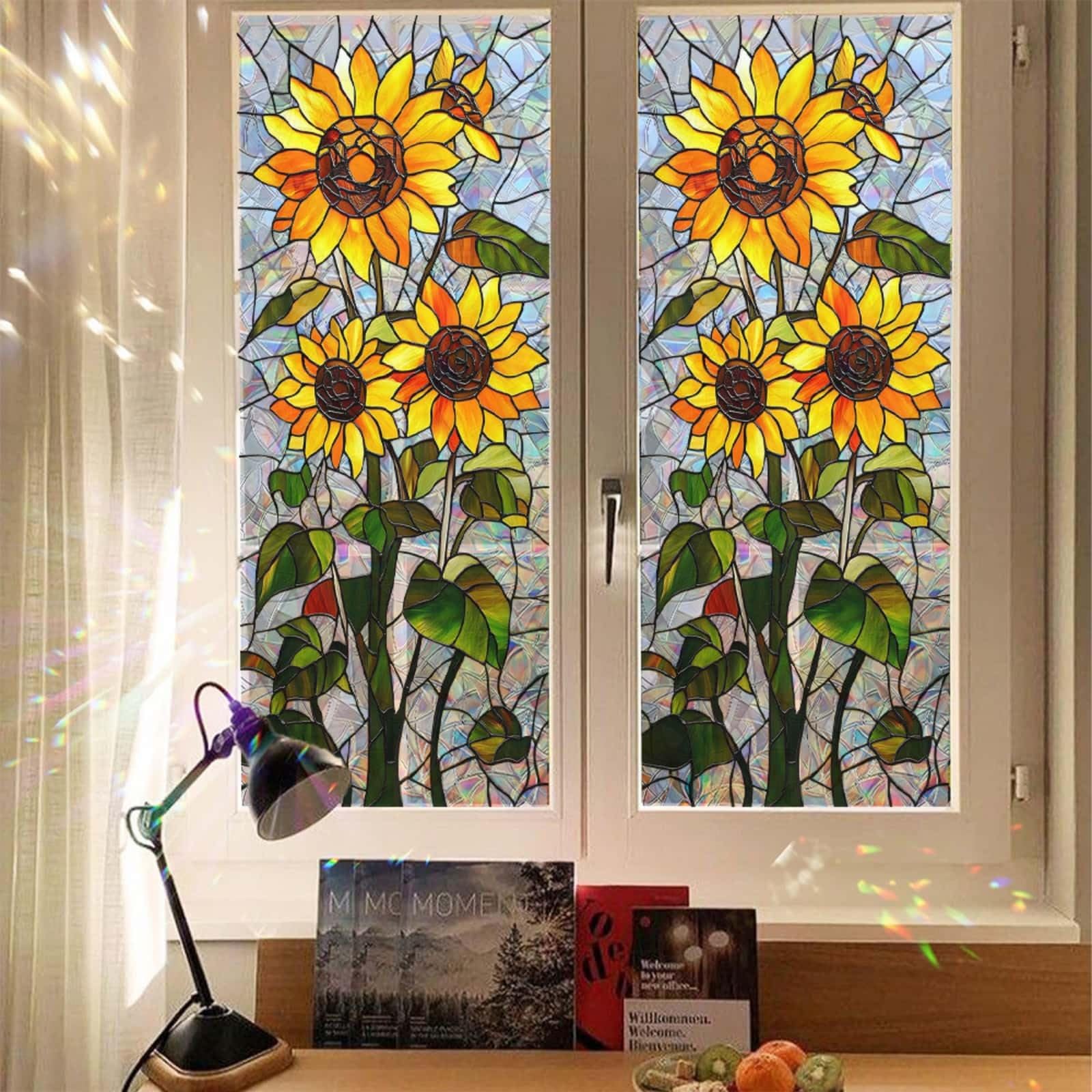Privacy Film for Glass Windows 43x200cm Deep Yellow Sunflower Stained Glass Window Film Non Adhesive Reusable Waterproof PVC Opaque Window Stickers for Bathroom Office Decoration