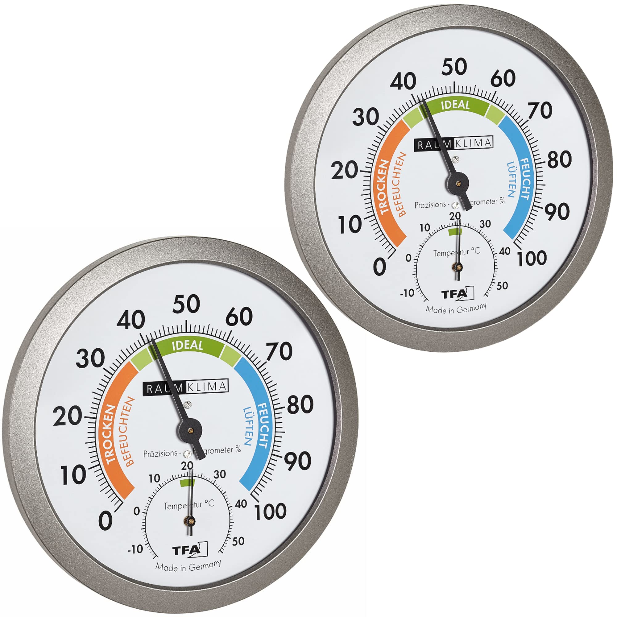 TFA Dostmann Lot de 2 thermo-hygromètres analogiques, climat intérieur sain, zones de confort colorées, température, humidité, L 120 x l 37 (68) x H 120 mm