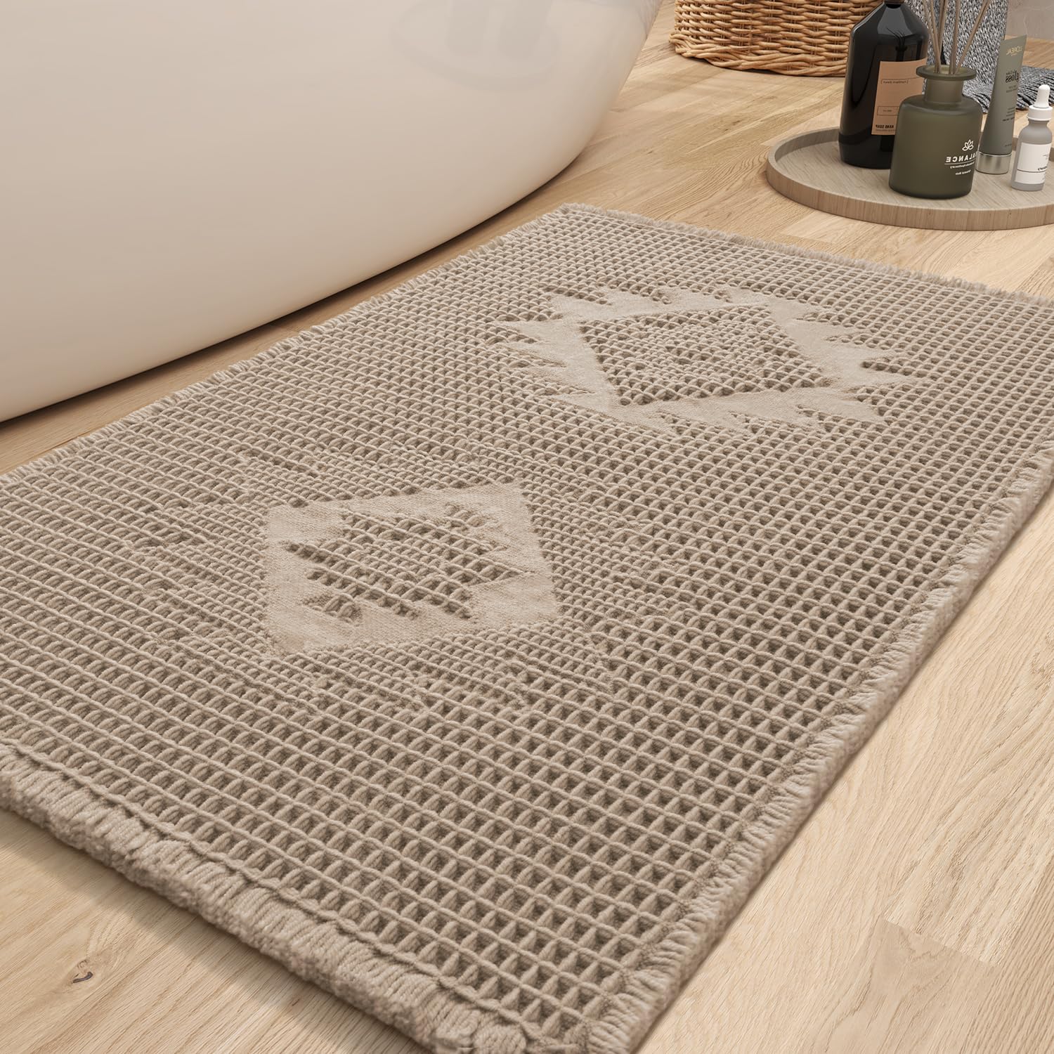 COCOER Waffle Bath Mat, Super Absorbent Bath Mats for Bathroom Floor, Machine Washable Non Slip Bathroom Rug with Tassels, Soft Bathroom Mat for Laundry Room, Bedroom, Brown 24" x 36"