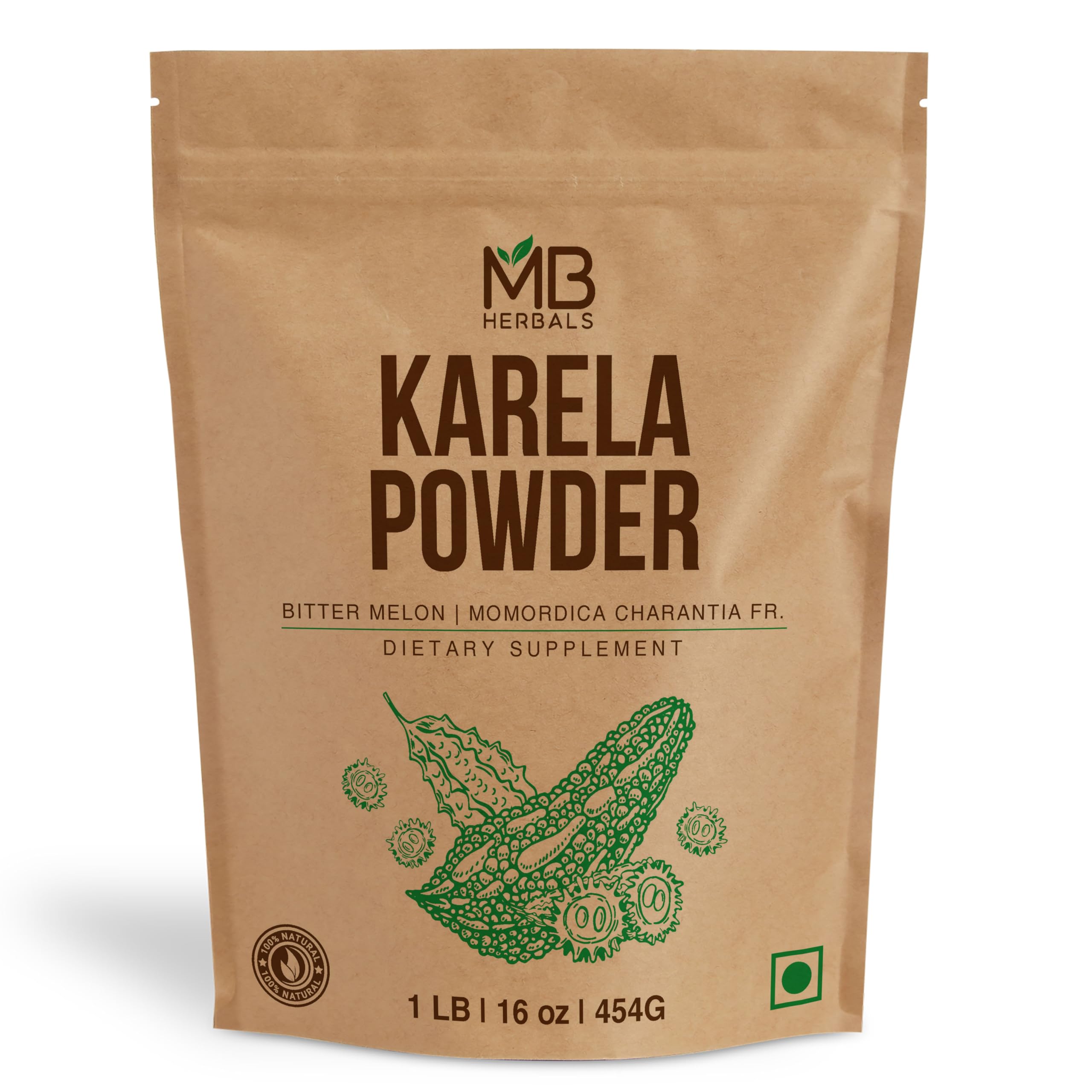 MB Herbals De-Seeded Karela Powder 454 Gram | 1 LB / 16 oz | 100% Pure Bitter Melon Powder | Momordica charantia Fr. | No Preservatives | Non GMO | Gluten Free