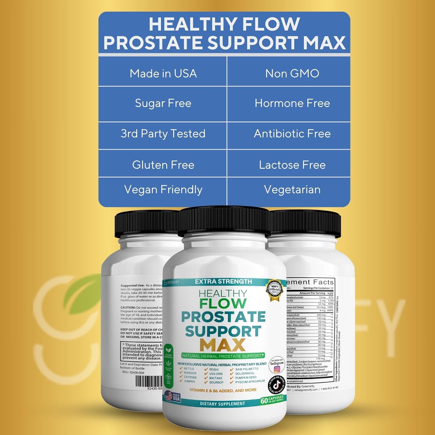 Extra Strength Healthy Flow Prostate Support Max, Natural Herbal Supplement, 60 Capsules, 30-Day Supply (3)