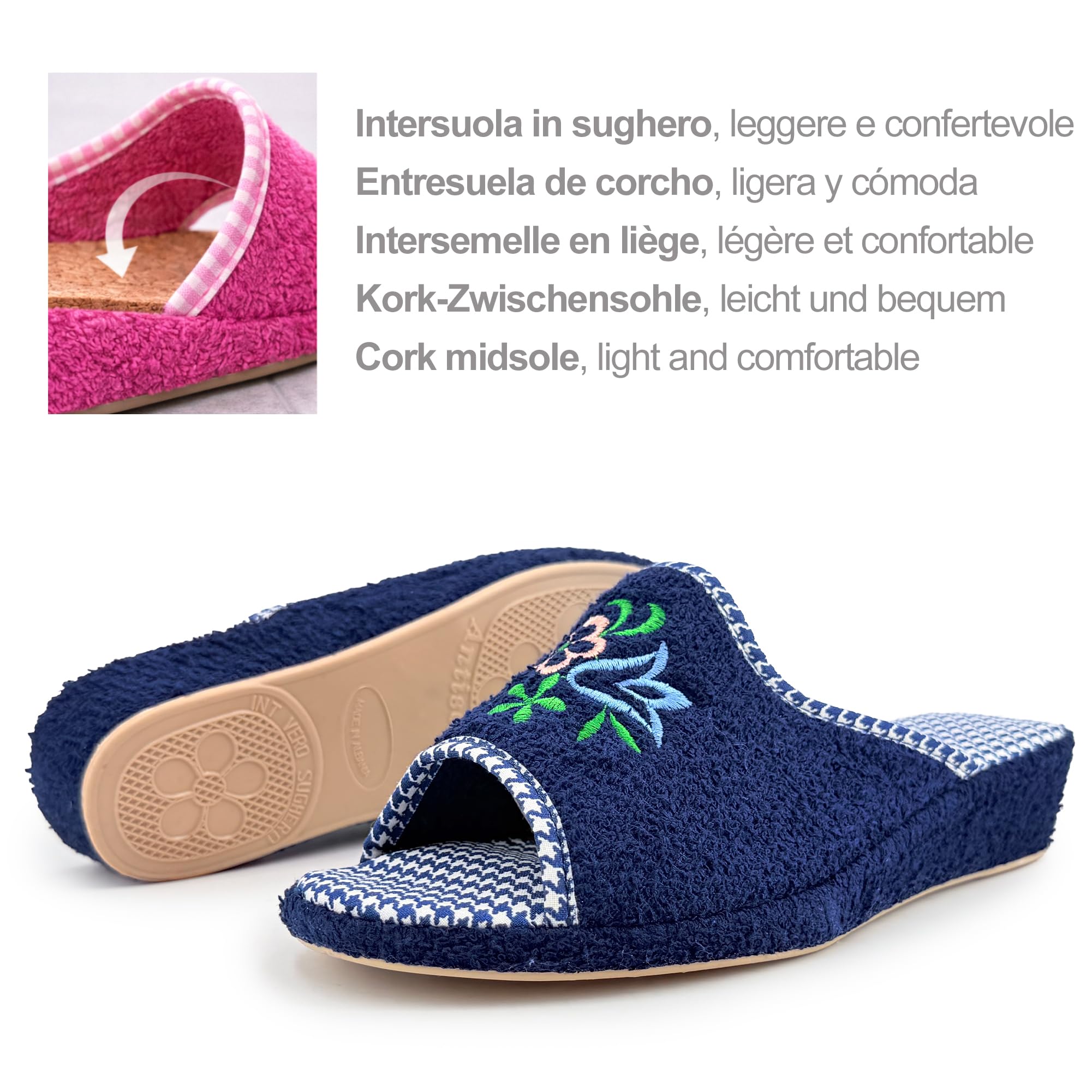 JOMIX Chaussons Éponge Ouverte Femme Maison Été Talon Compensé Semelle Liège Confortables avec Broderie pour Dame Souple Légères