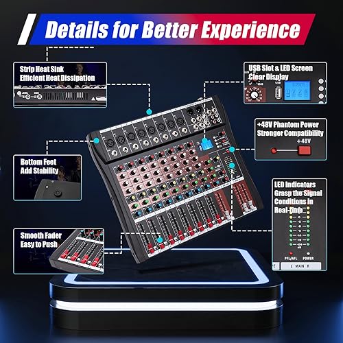Miniatura 6 de Consola de mezcla de 8 canales Mezclador de audio Bluetooth Studio Mezclador de audio Consola de mezcla de sonido Sistema de escritorio Interfaz con