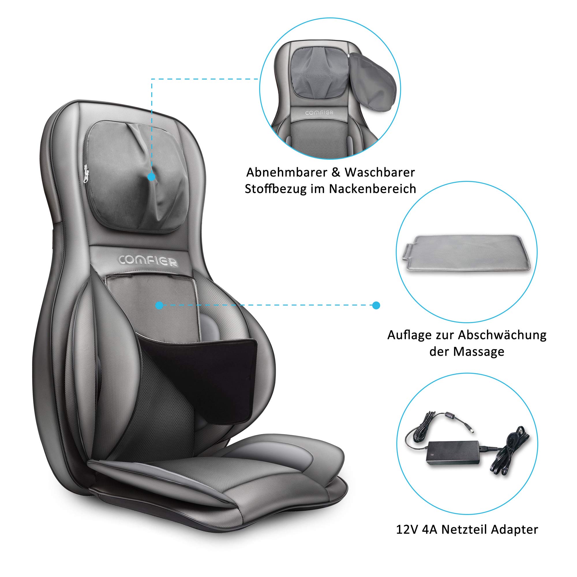 COMFIER Shiatsu Massagesitzauflage mit Knet-, Rollen-, Vibrations- und Luftkompressionsmassage, Massageauflage mit Wärmefunktion, für Nacken-, Schultern-, Rücken- und Oberschenkel