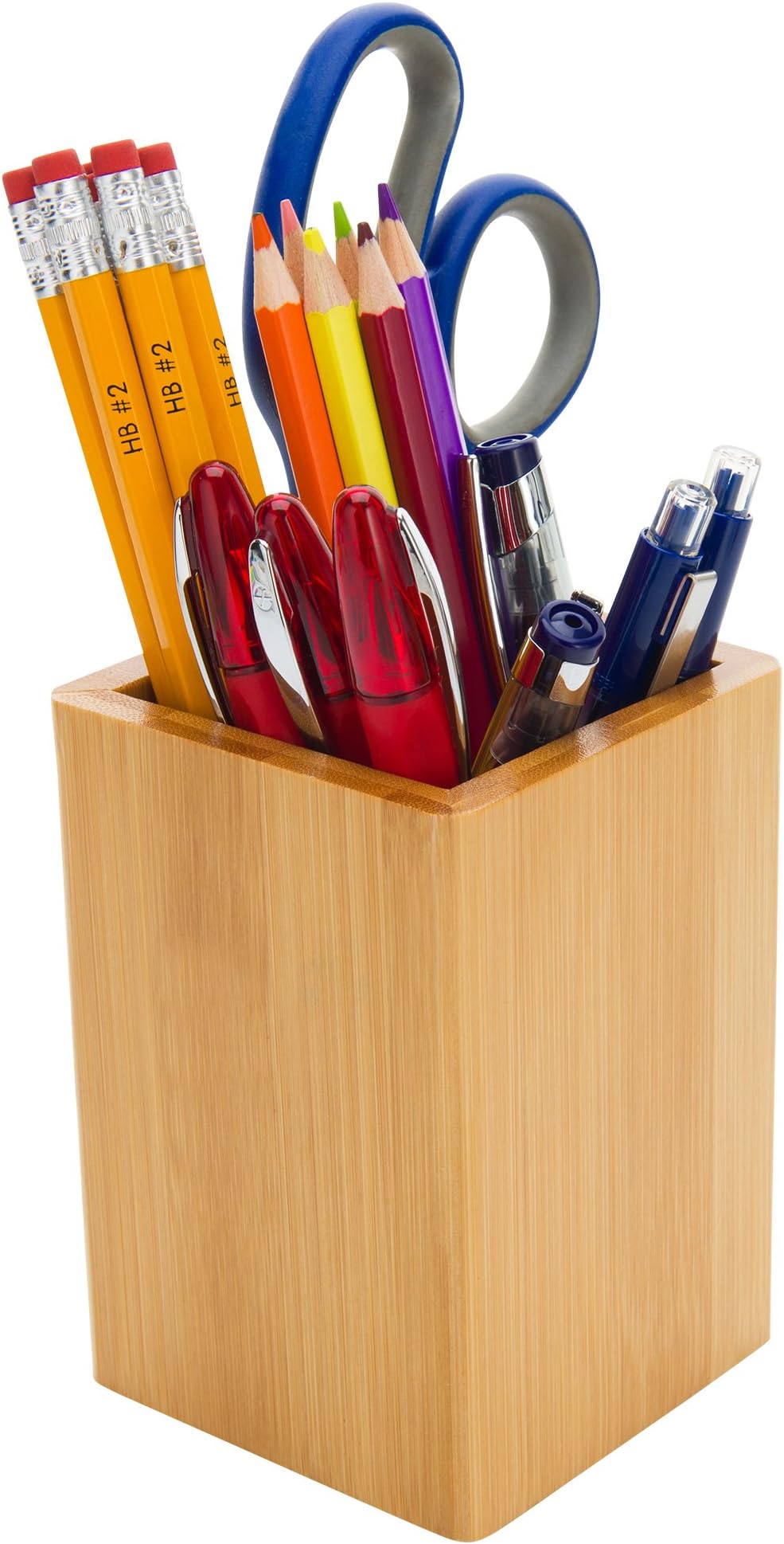 Bamboo Wood Desk Pen Pencil Holder Cup Stand, Square Creative Small Stationery Storage Box Office Home Desk Supplies Organizers