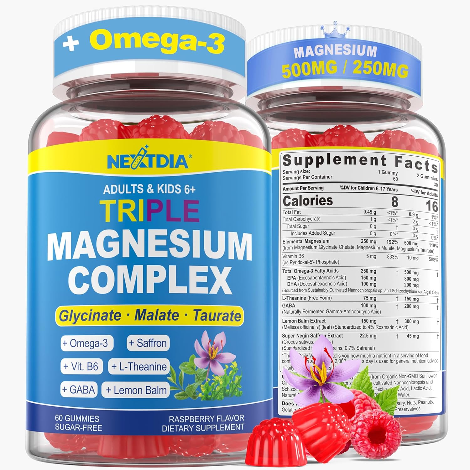 Magnesium Glycinate Gummies + Omega-3, Saffron for Kids 6+ & Adults, Kids Focus Calm Magnesium Gummies, Sugar Free Triple Magnesium Complex 500mg/250mg,Glycinate, Malate, Taurate, Theanine,1P