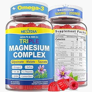 Magnesium + Omega-3 + Saffron for Kids & Adults Gummies, Kids Focus Calm Magnesium Gummies, Sugar Free Triple Magnesium Complex 500mg/250mg,Glycinate, Malate, Taurate, Theanine