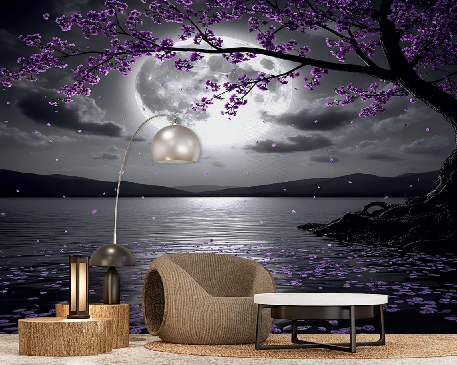 Hgjdjhnf 3D Mural Photo Mural - Wallpaper Purple Cherry Blossom Tree Full Moon Lake Modern Wall Living Room Bedroom Children's Room Wall Decoration Motif,400Cmx280cm Poster - Wall Sticker - Frameless Picture
