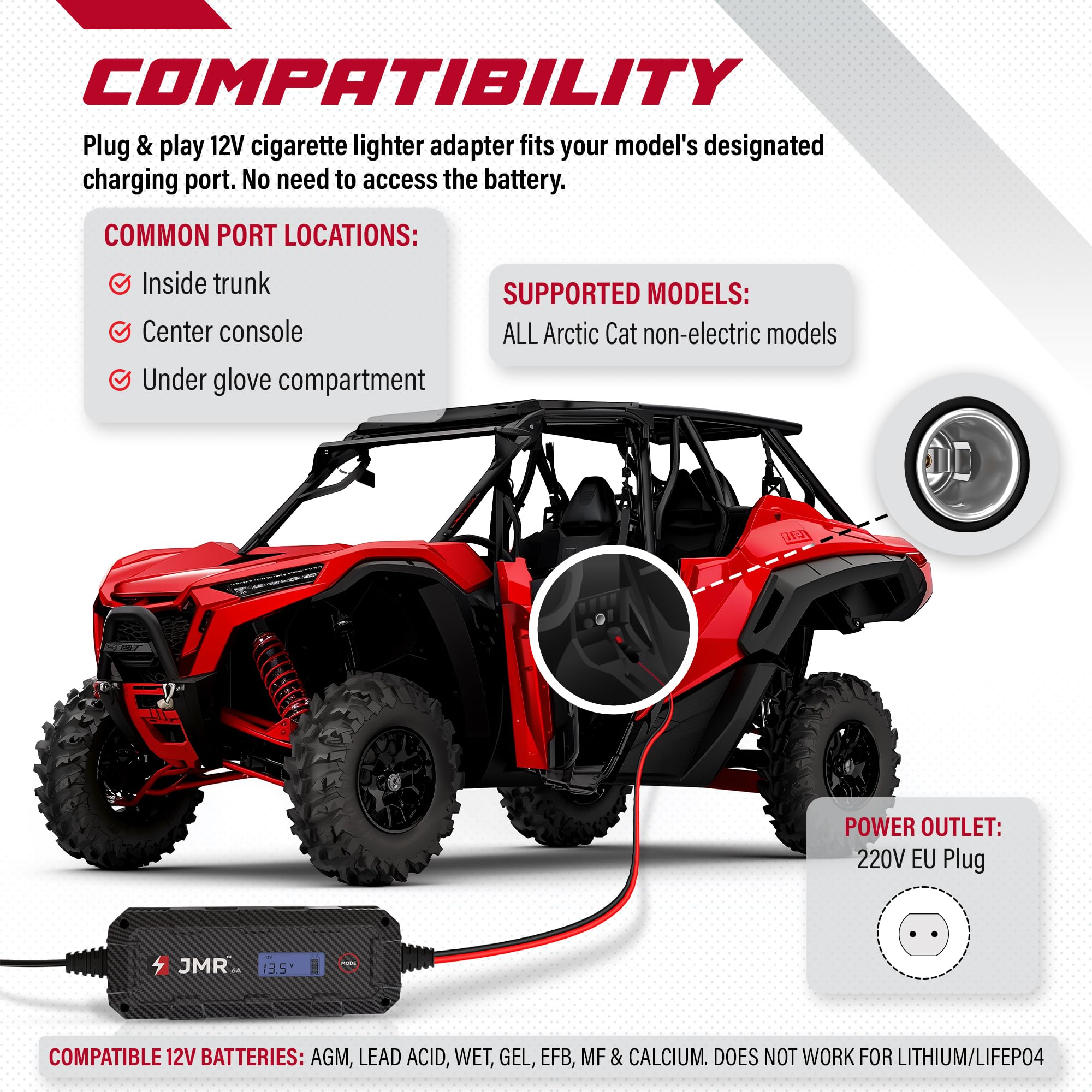 JMR Battery Charger for Arctic Cat Wildcat XX Prowler PRO M Mountain CAT M Alpha ONE ALTERRA MUDPRO All Models Trickle Charger Conditioner Maintainer (No Lithium Mode)