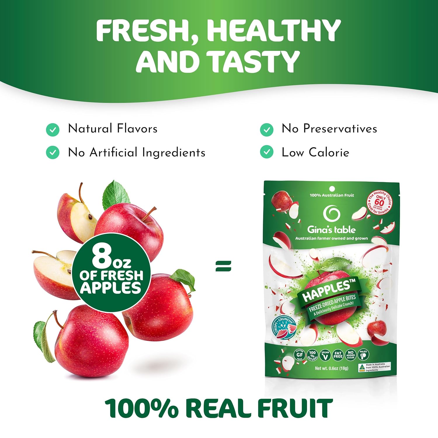 Happles Freeze Dried Apples – 100% Natural, No Added Sugar, Healthy Low Calorie Apple Crisps Snack for Adults & Kids, Gluten Free, No Artificial Flavours (10 Pack)