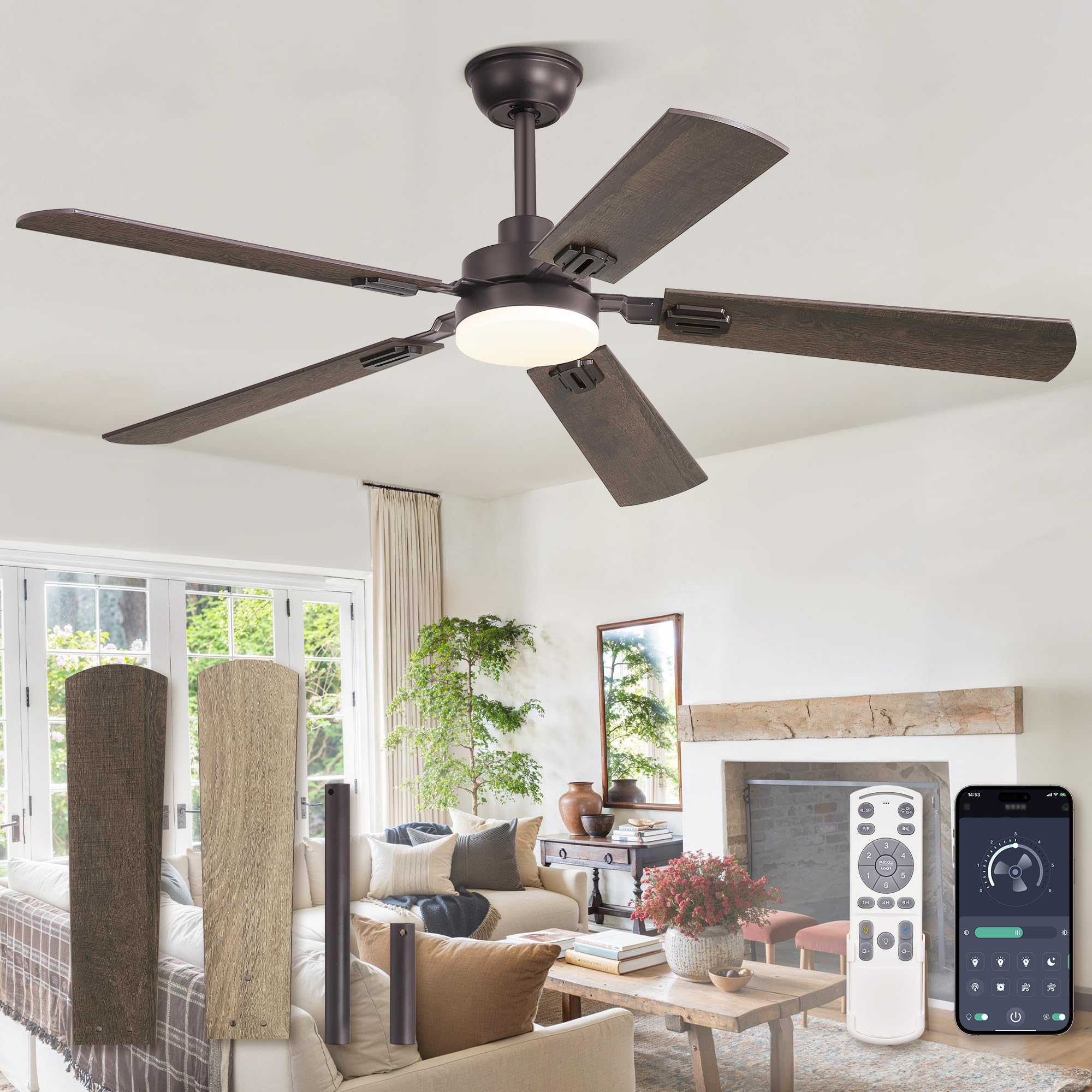 Photo 1 of **** MISSING PARTS*** ** SOLD FOR PARTS // FINAL SALE 07/12**ZMISHIBO 52" Ceiling Fans with Lights, Oil Bronze Farmhouse Ceiling Fan with Remote & App Control, Rustic Indoor Fan with Dual Finish Blades, Quiet & Strong Motor, 24W Dimmable Bright LED Light.