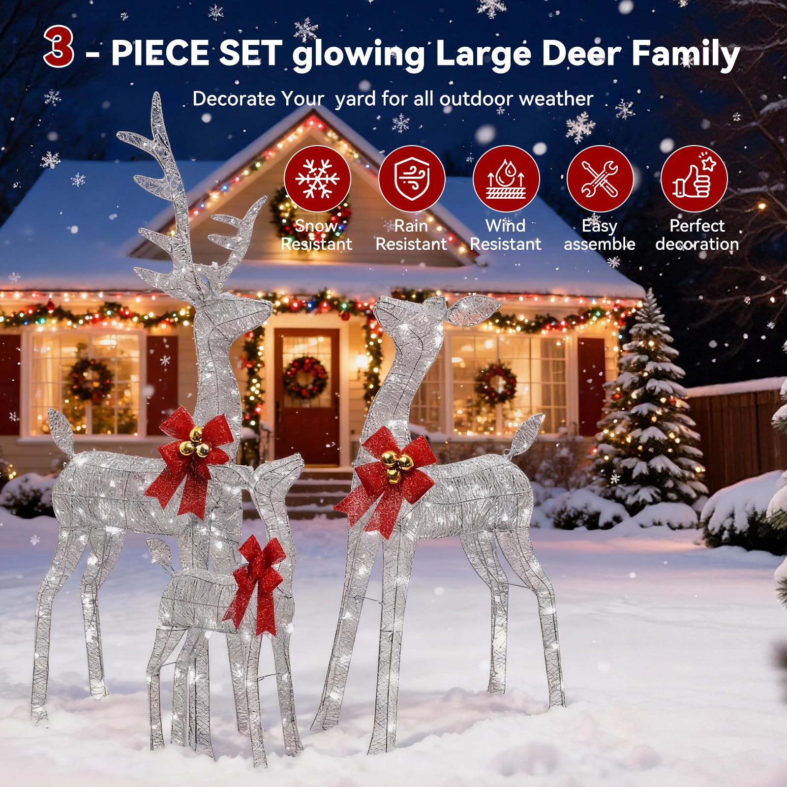 Décoration de Noël extérieure avec renne lumineuse : Figurine de renne LED pour jardin, décoration de Noël extérieure avec lumières blanc chaud, piquets de sol stables, cadre résistant aux intempéries