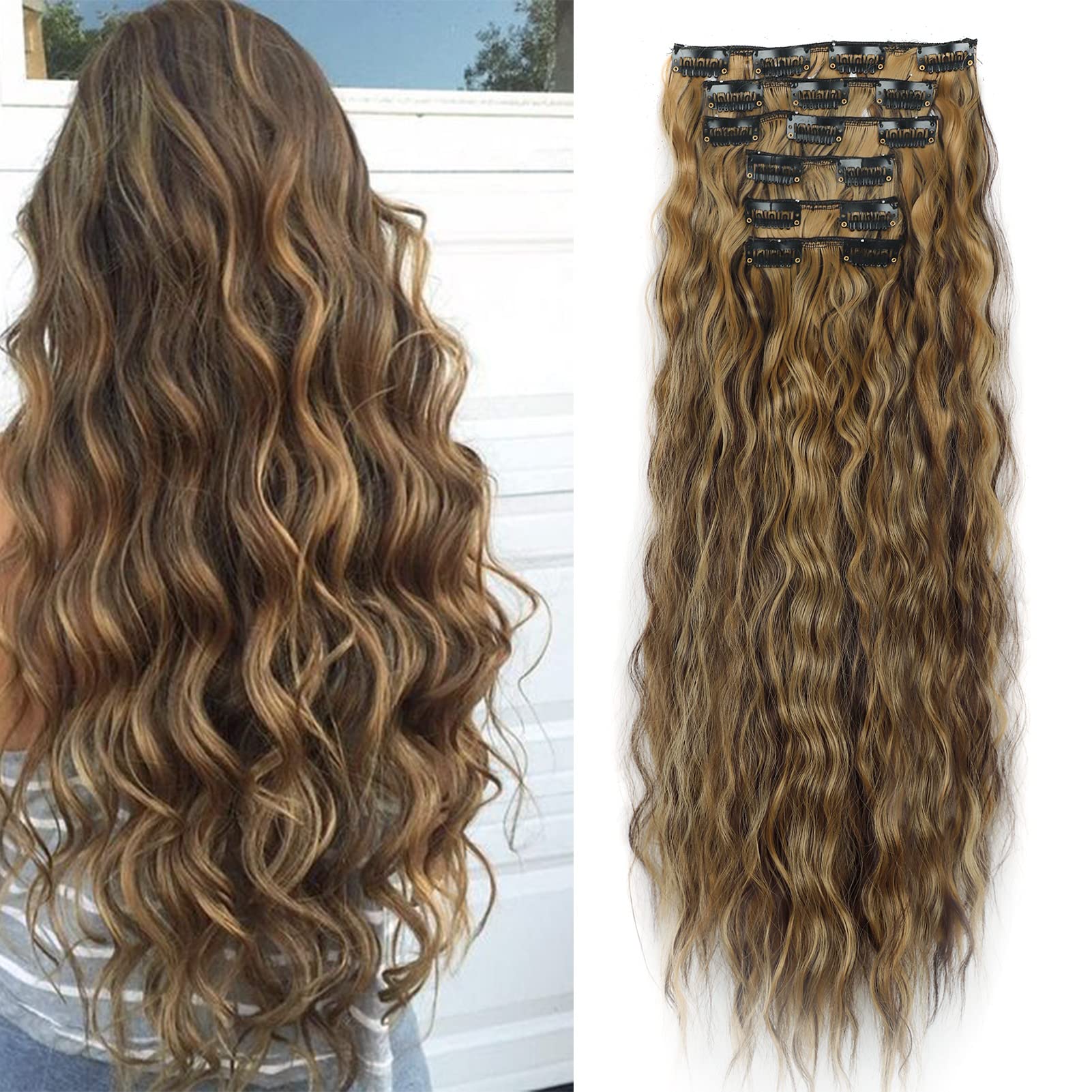 Clip in Hair Extensions Curly Wavy Long Hair Pieces 6PCS Full Head Synthetic Hair Extension Thick Natural Look for Women, 20 Inches 140g, Medium Brown & Dark Blonde