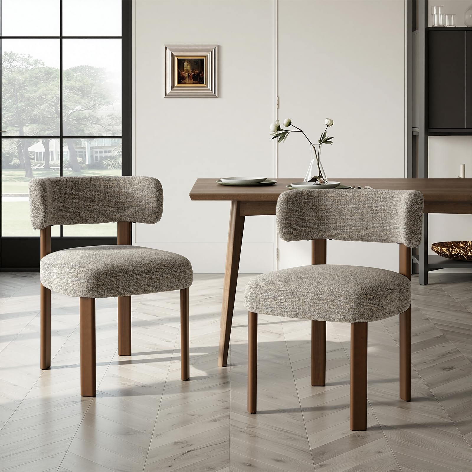 COLAMY Wooden Dining Chairs Set of 2, Fabric Chairs for Dining Room with Open Curved Backrest and Thick Seat Cushion, Upholstered Kitchen Chair with Anti-Slip Pads, Camel