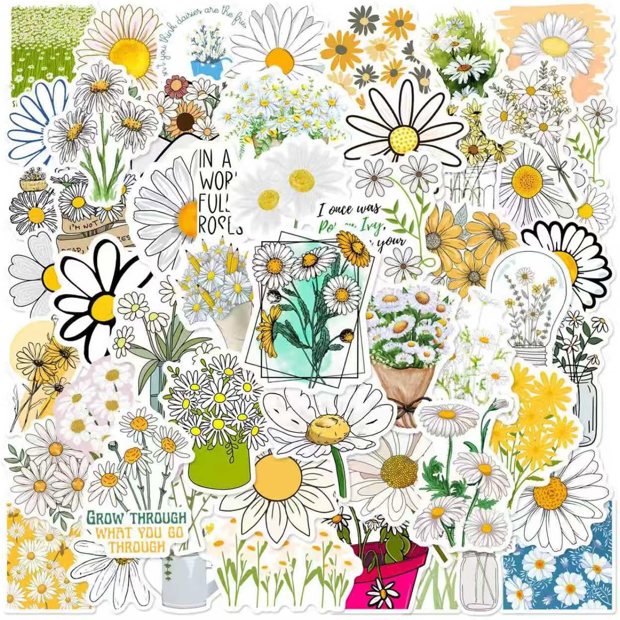 50PCS Daisy Laptop Stickers,Aesthetic Floral Vinyl Sticker Pack for Water Bottle Phone Case Luggage Notebook, Cute Flower Decals for Teens Girls Adults DIY Decor，Colorful-A4