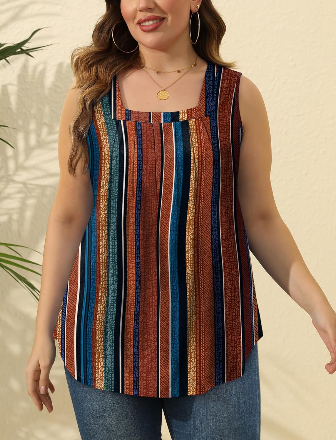 Saloogoe Summer Tank Tops for Women Loose Fit Pleated Square Neck Sleeveless Tops Curved Hem Flowy - Image 5