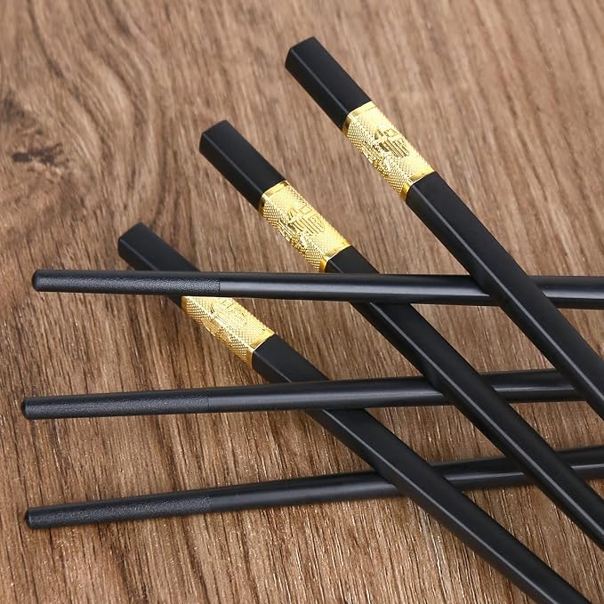 10 pares de palitos chinos antideslizantes de fibra de vidrio, reutilizables, aptos para lavavajillas, ligeros y cuadrados para cocina, hotel y restaurante, color negro y dorado miniatura 4