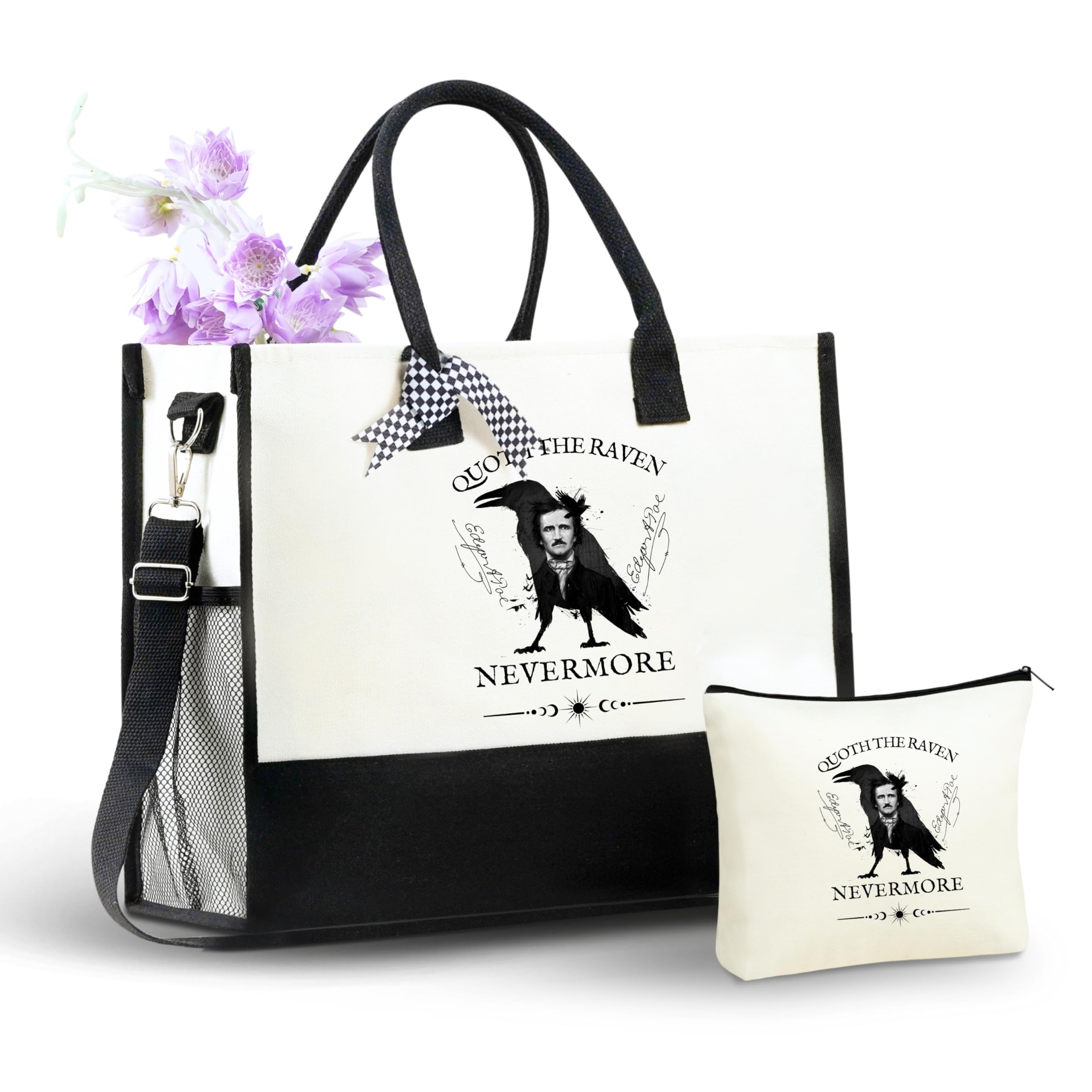 InnoBeta Edgar Allan Poe Gifts for Women, Edgar Allan Poe Tote Bag with Top Zipper Closure and Shoulder Strap for Christmas, Birthday, and Every