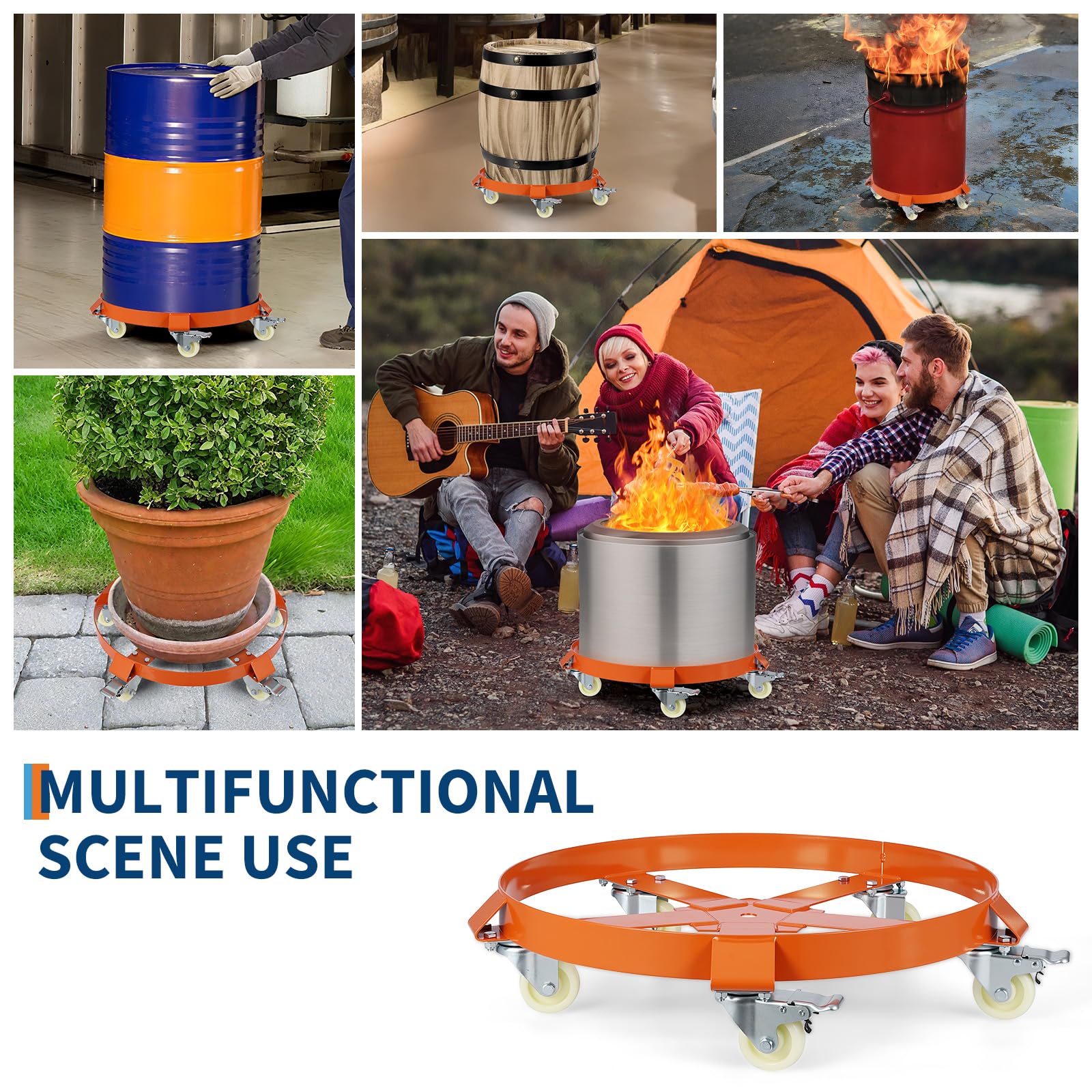 Garvee Fassroller,Rundes Rollbrett Aus Metall ø 64 cm,190L Transportroller Bis 1000 Lbs,Schwerlastroller Für Fässer,Pflanzenkübel,Blumentöpfe,Sonnenschirme Und Eimer,Mit 5 Universalrädern,Orange