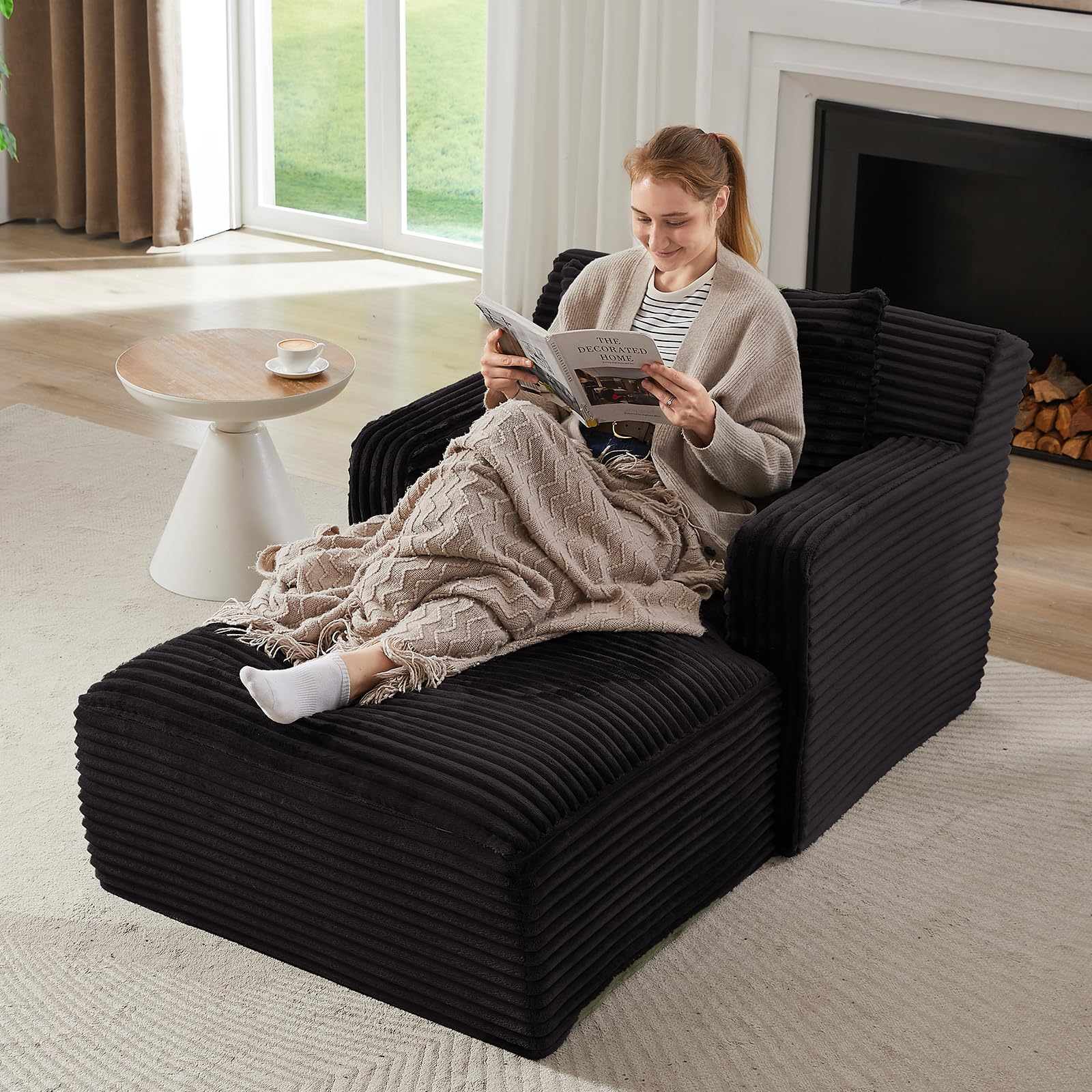 Chaise Lounge Chair Indoor Upholstered Corduroy Single Lounge Sofa Couch Comfy Reading Recliner Sleeper Sofa Chair Bed with