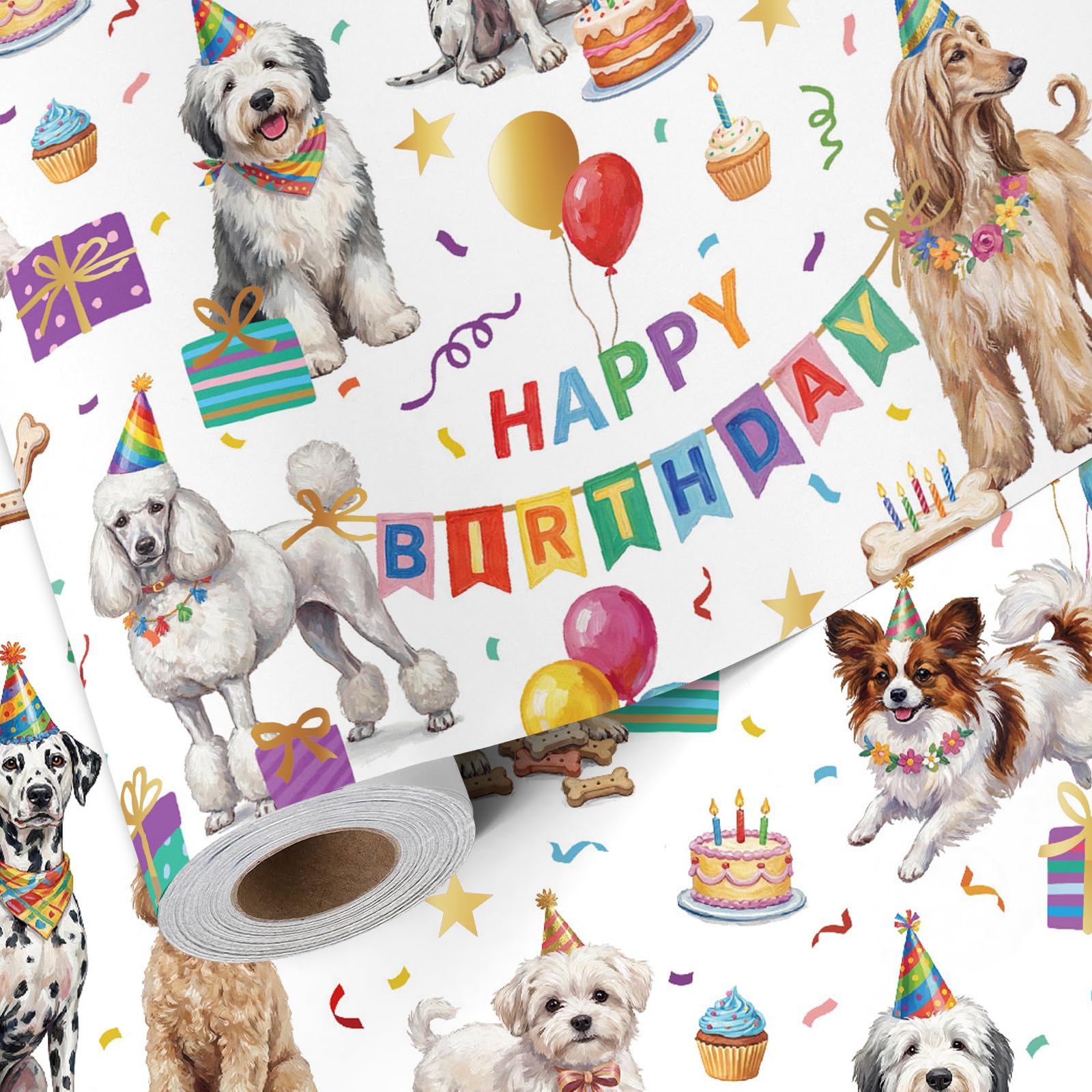 BIOBROWN Dog Birthday Wrapping Paper Roll,43cm X 10m,Cute Puppy with Hats, Balloons & Gifts Design Gift Wrap Paper for Boys Girls Dog Lovers Baby Shower Holiday Pet Party