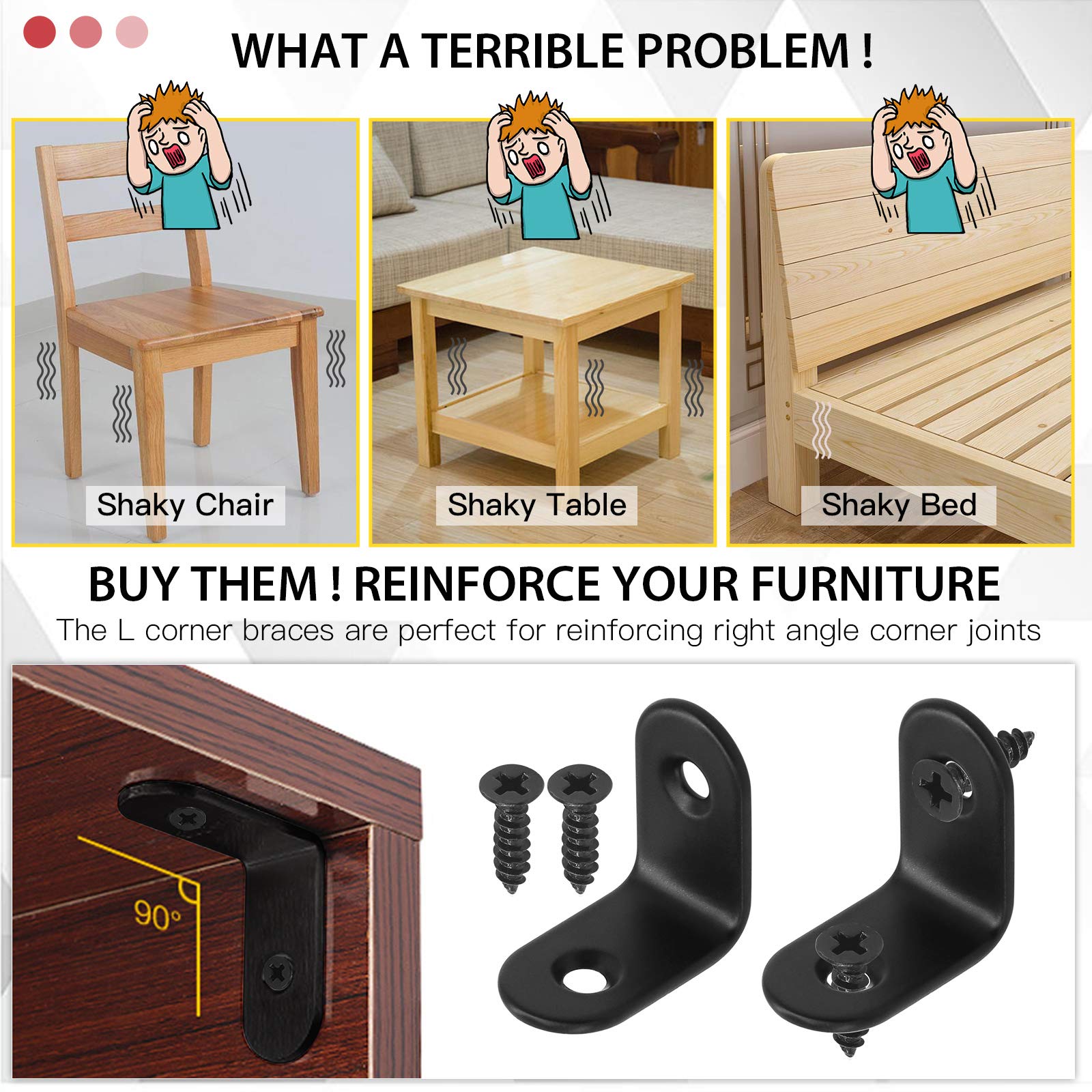Hilitchi Stainless Steel Black L Bracket Corner Brace 90 Degree Right Angle Brackets Sets with Screws Corner Fastener for Shelves Steel Joints Support (25mm - Image 4