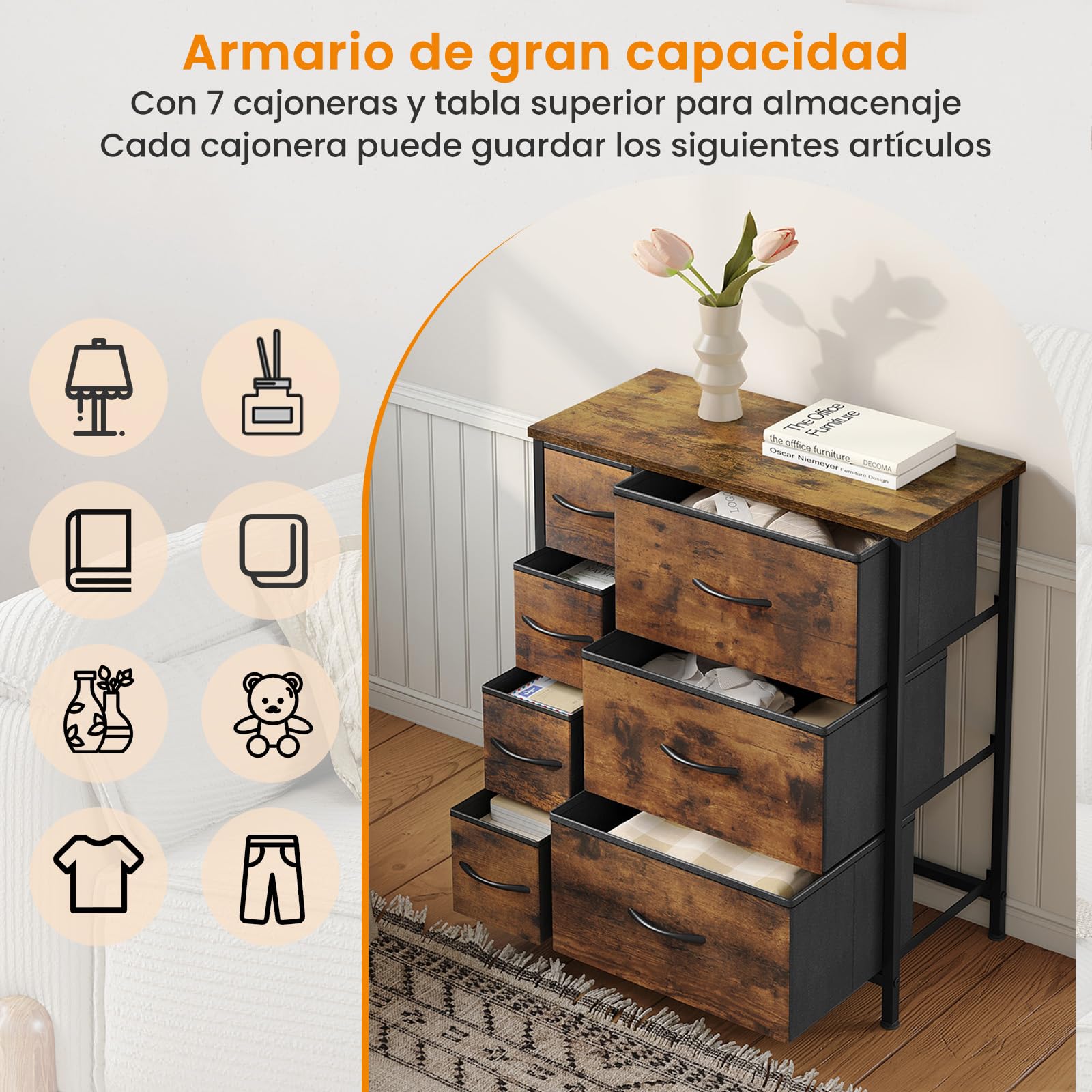 WOLTU Cómoda de Tela con 7 Cajones, Gran Capacidad, Marco de Metal Estable, para Salón, Dormitorio, Pasillo, Marrón-Negro Vintage, 63,5x30x73cm, SSK008shm