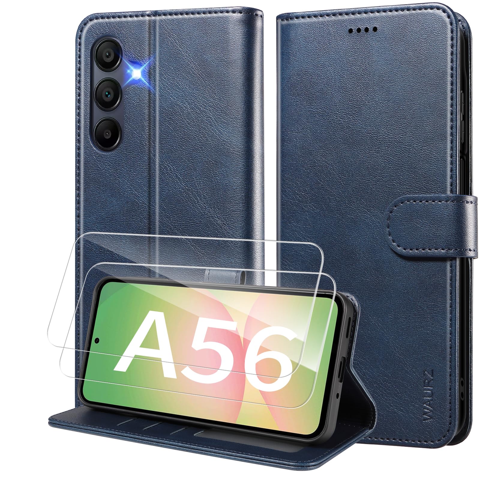 WAURZ Cover per Samsung Galaxy A56 5G Custodia Cover Pelle Libro con 2 Pellicola Vetro Temperato Protezione Schermo Portafoglio Porta Carte Antiurto Cuoio Flip Case Custodia Cover,Blu