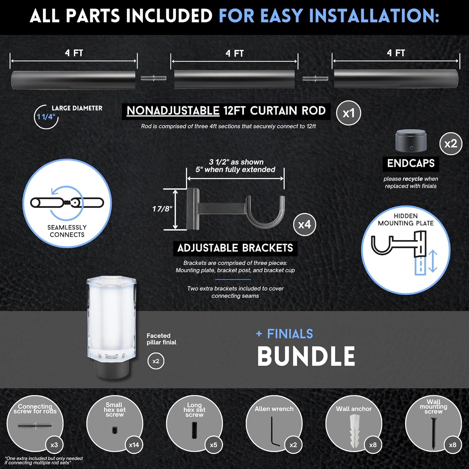 12 foot Custom Curtain Rod & Faceted Pillar Finials Bundle – Luxury Nonadjustable 1 ¼” Large Diameter with Designer Finials & Premium Quality Mounting Brackets – Matte Graphite Finish