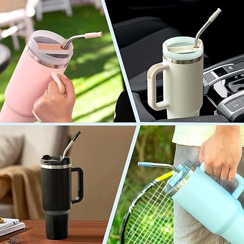 Miniatura 3 de Prurex Paquete de 3 popotes de metal reutilizables Bendy con punta de silicona para vaso Stanley de 40 onzas, popotes de acero inoxidable de 8