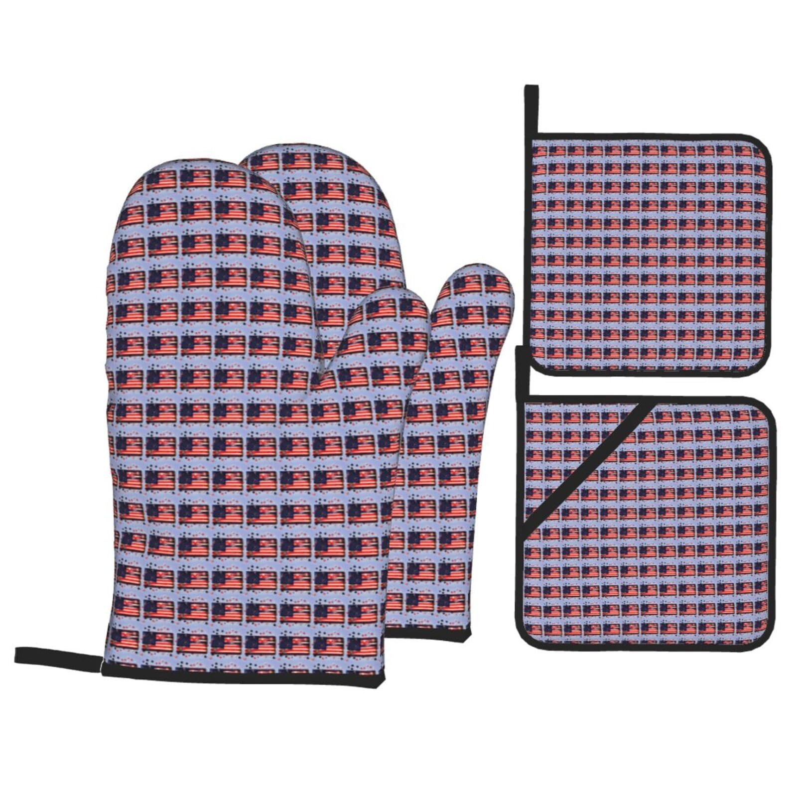 Firework American Flag 4Th of Julys Print 4-Piece Heat-Resistant Oven Waterproof Kitchen Gloves Cooking Roasting Essential