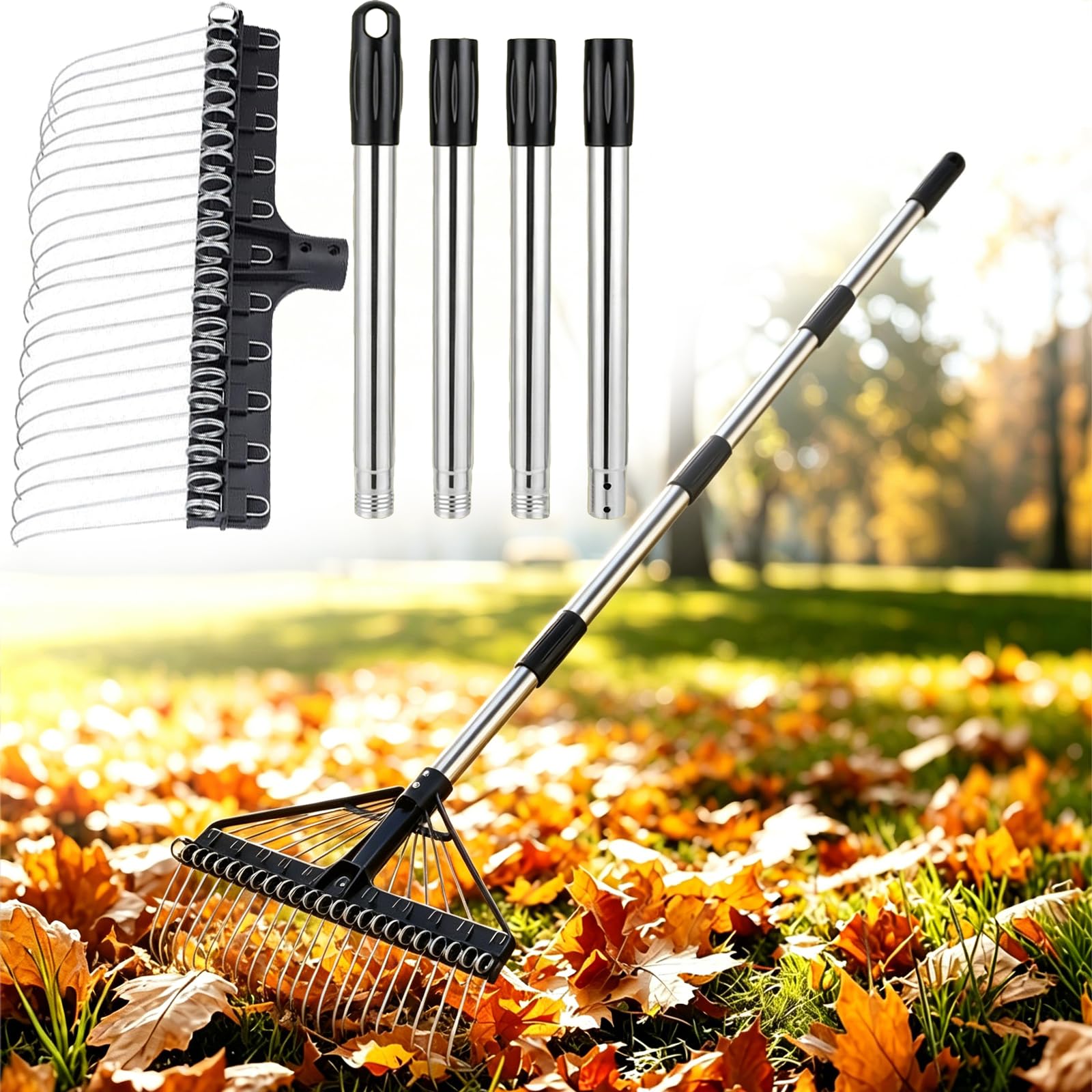 Weyot Thatch Rakes For Lawns, Garden Leaf Rake and Grabber for Leaf Cleanup & Picker Up, Adjustable Long Handle, Wide Metal Head for Garden‌, Yard, Soil, Weeds‌, Grass Black,160x42cm