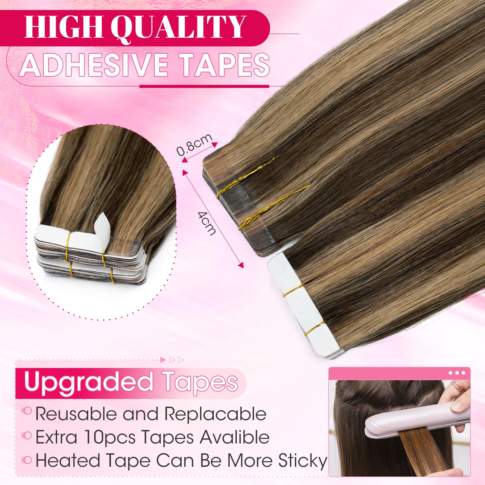MY-LADY Tape Extensions Echthaar 20pcs 55 cm Mittelbraun/Dunkelblond Remy Invisible Haar Tape In Haarverlängerung Natürlich 50g 22 Zoll #4P27 Glattes Echthaar Skin Weft Tape