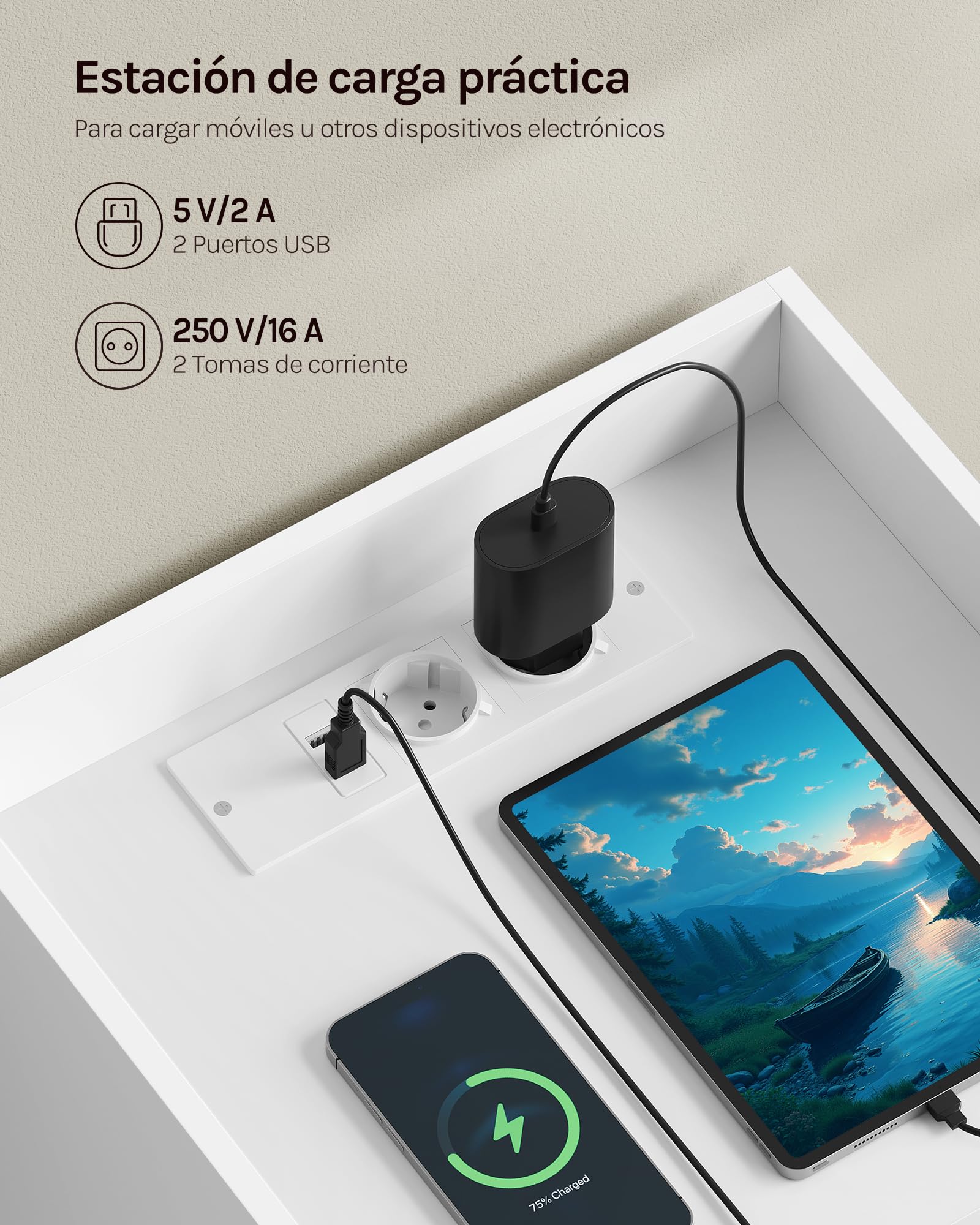 WOLTU Juego de 2 Mesita de Noche con Estación de Carga y Luz LED, Mesa Auxiliar con Enchufes, Puertos USB, Mesa Noche de Madera con Cajones, 40x35x64 cm, para Dormitorio, Blanca, NTS07ws-2