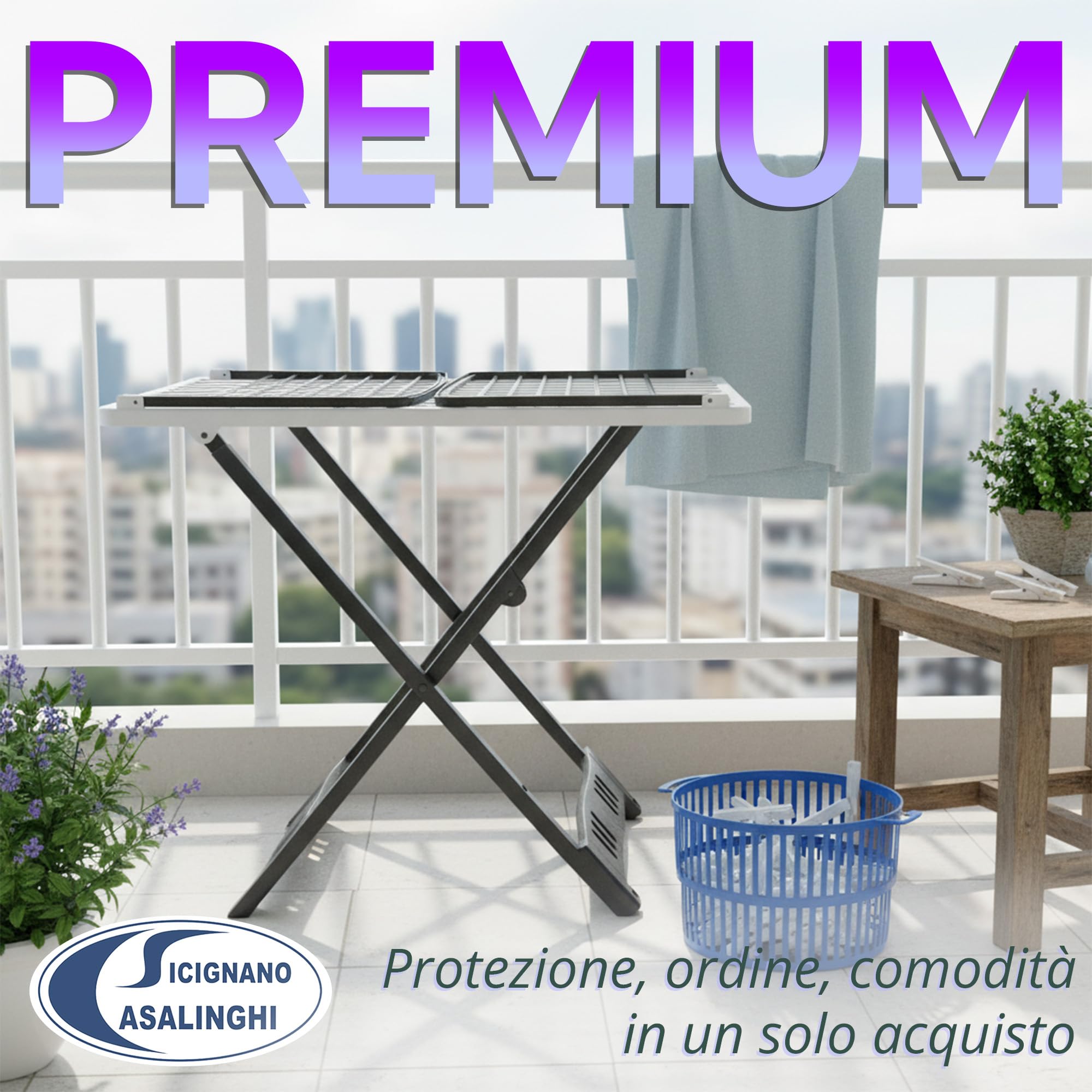 Sicignano Stendino Pieghevole Antiscivolo con Ruote Aladino, 20 metri di Stenditura, 100% Resina, con Gancio Sicurezza, Made in Italy (Stendino + 2 Copristendino)