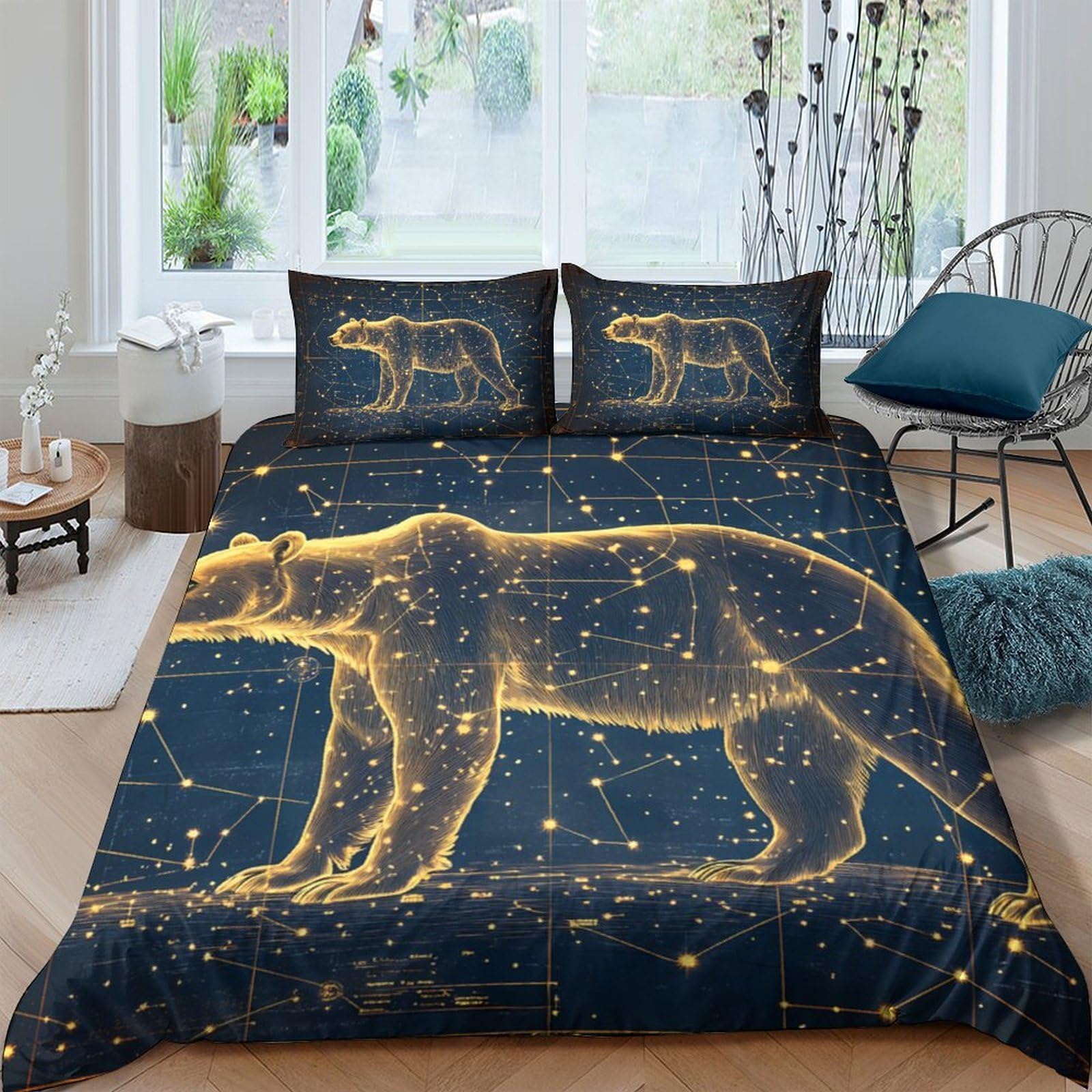 Ctjqhvkz Style-2 3D Printed Golden Bear Constellation Fitted Sheet Microfiber Soft Non-Slip Bed Sheet Dark Blue Bedroom Decor Single（135X200cm）