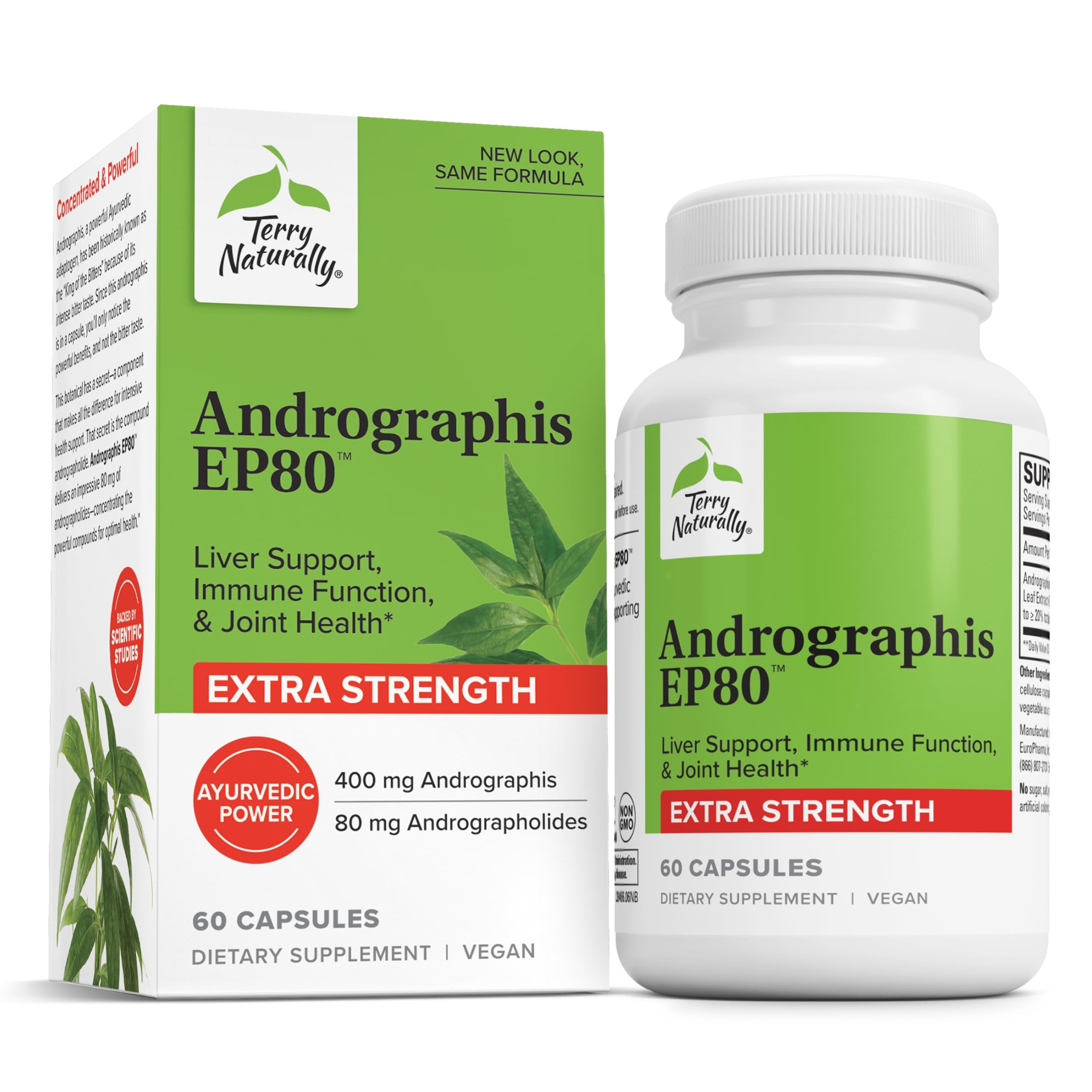Terry Naturally Andrographis EP80 Extra Strength - Brain Health & Immune Support - Joint Health Supplement to Aid Mobility - Vegan Adaptogen Supplement for Energy & Liver Support - 60 Capsules