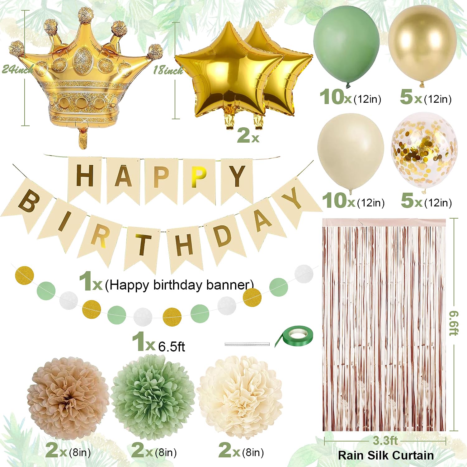 Sage Green & Gold Birthday Party Decorations Kit - Includes Banner, Balloons, Garland & More For Women & Girls