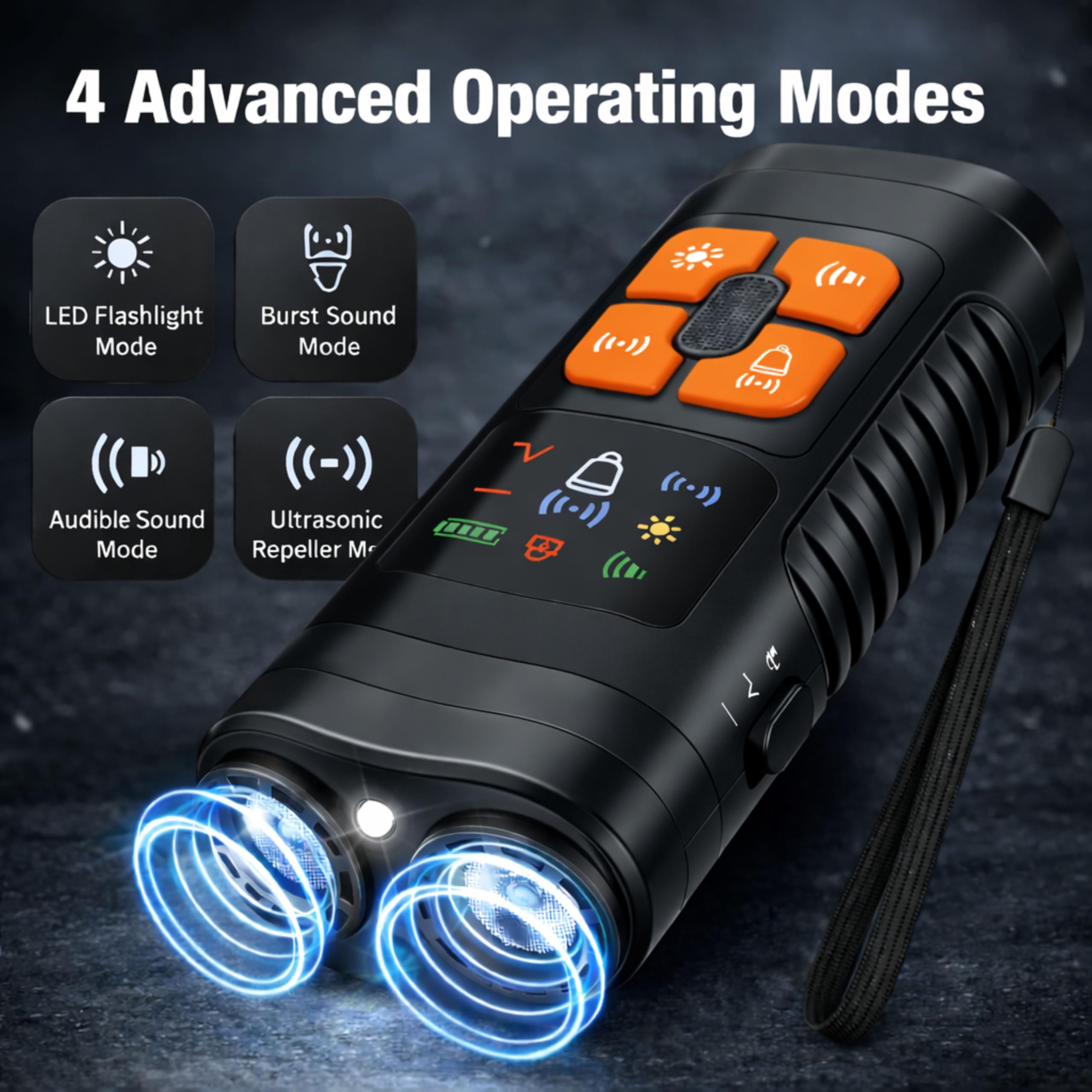 Ultraschall-Anti-Bell-Gerät für Hunde mit 2 Strahlern, 15–30 kHz Frequenz, 4 Modi (Sound/Ultraschall/Taschenlampe), wiederaufladbares 1200 mAh Hand-Bell-Abschreckgerät mit LED und 7 m