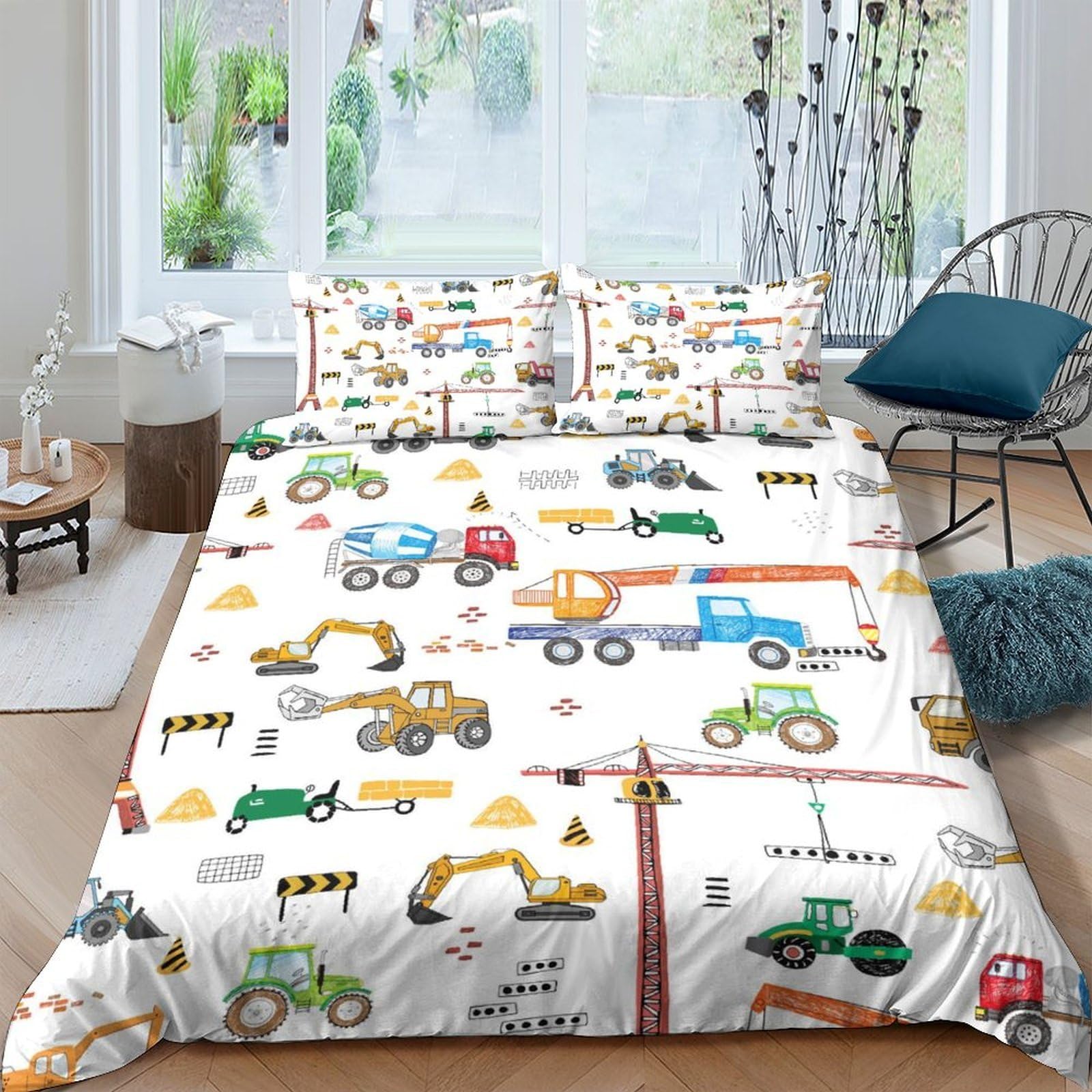 Ctjqhvkz Style-2 3D Printed Construction Vehicles Fitted Sheet Microfiber Cartoon Trucks Bed Sheet Anti-Slip Machine Washable For Bedroom Dorm Decor Single（135X200cm）