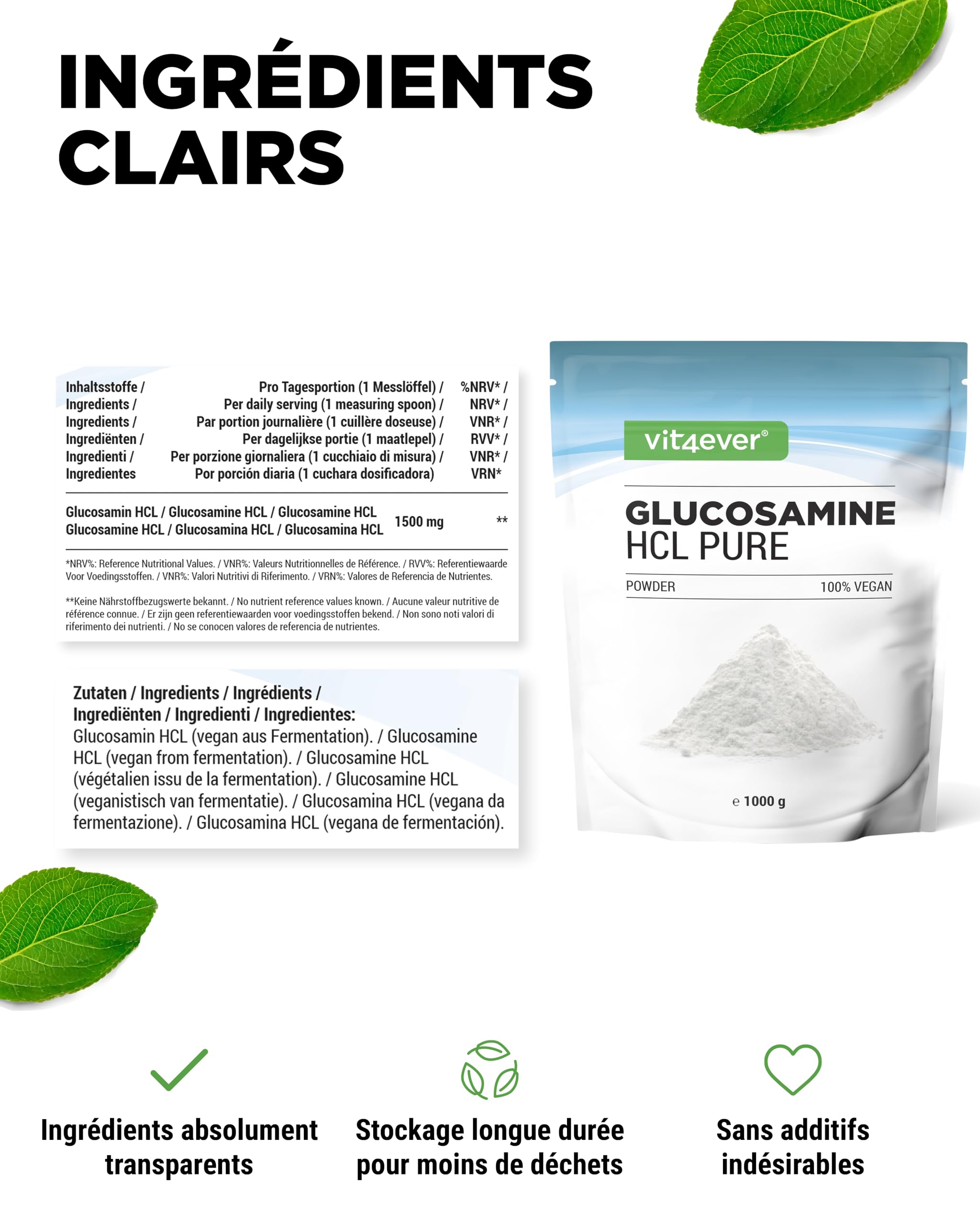 Glucosamine HCL Pure - 1000 g (1 kg) de Poudre Pure sans Additifs - Issue de la Fermentation Végétale - Vegan - Hautement Dosé