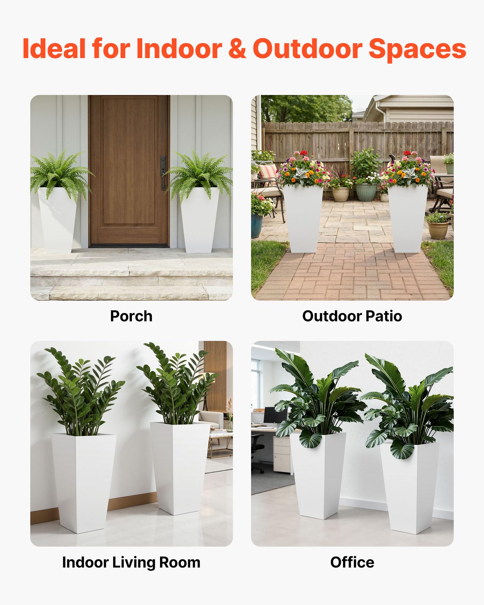 VEVOR Set di 2 Vasi da Fiori Alti 665 mm, Fioriere Decorative per Piante Grandi, Vasi da Terra in Stile Moderno di Plastica PP per Portico con Rotelle e Fori di Drenaggio, per Patio Giardino Bianco