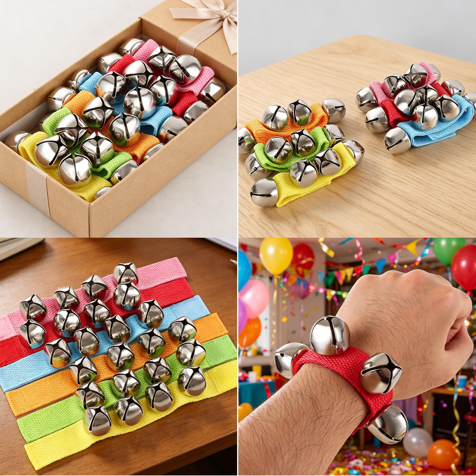 Confezione da 48 campanellini da polso, 6 colori | Campane da polso con scuotitore per uova, campane musicali alla caviglia, strumento a percussione per strumenti ritmici