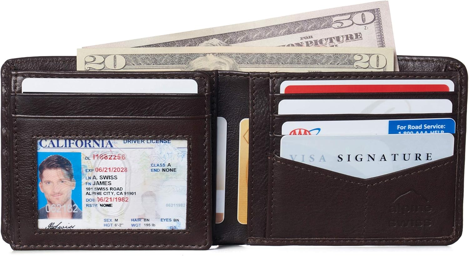 Alpine Swiss RFID Luka Men's Flip ID Wallet Deluxe Capacity ID Bifold With Divided Bill Section Camden Collection Soft Nappa Brown - Image 3