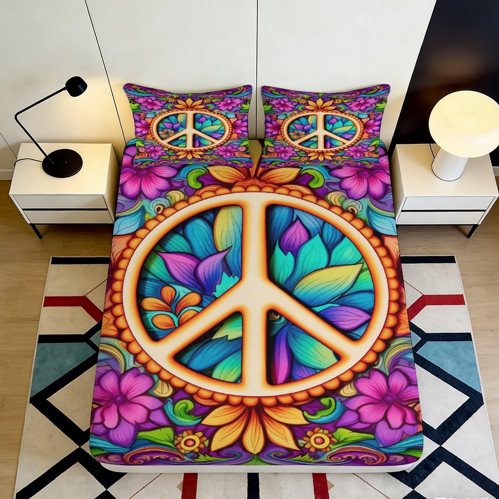 3D Printed Psychedelic Peace Fitted Sheet Microfiber Vibrant Floral Bed Cover for Bedroom Guest Room Decor 90x200x25cm